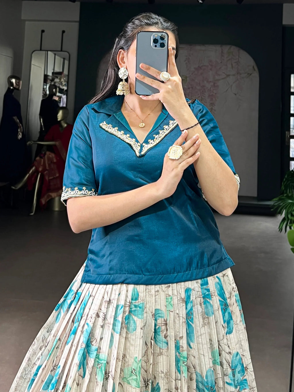 Teal Classic Floral Printed Dola Silk Festive Wear Co-Ord Lehenga Set