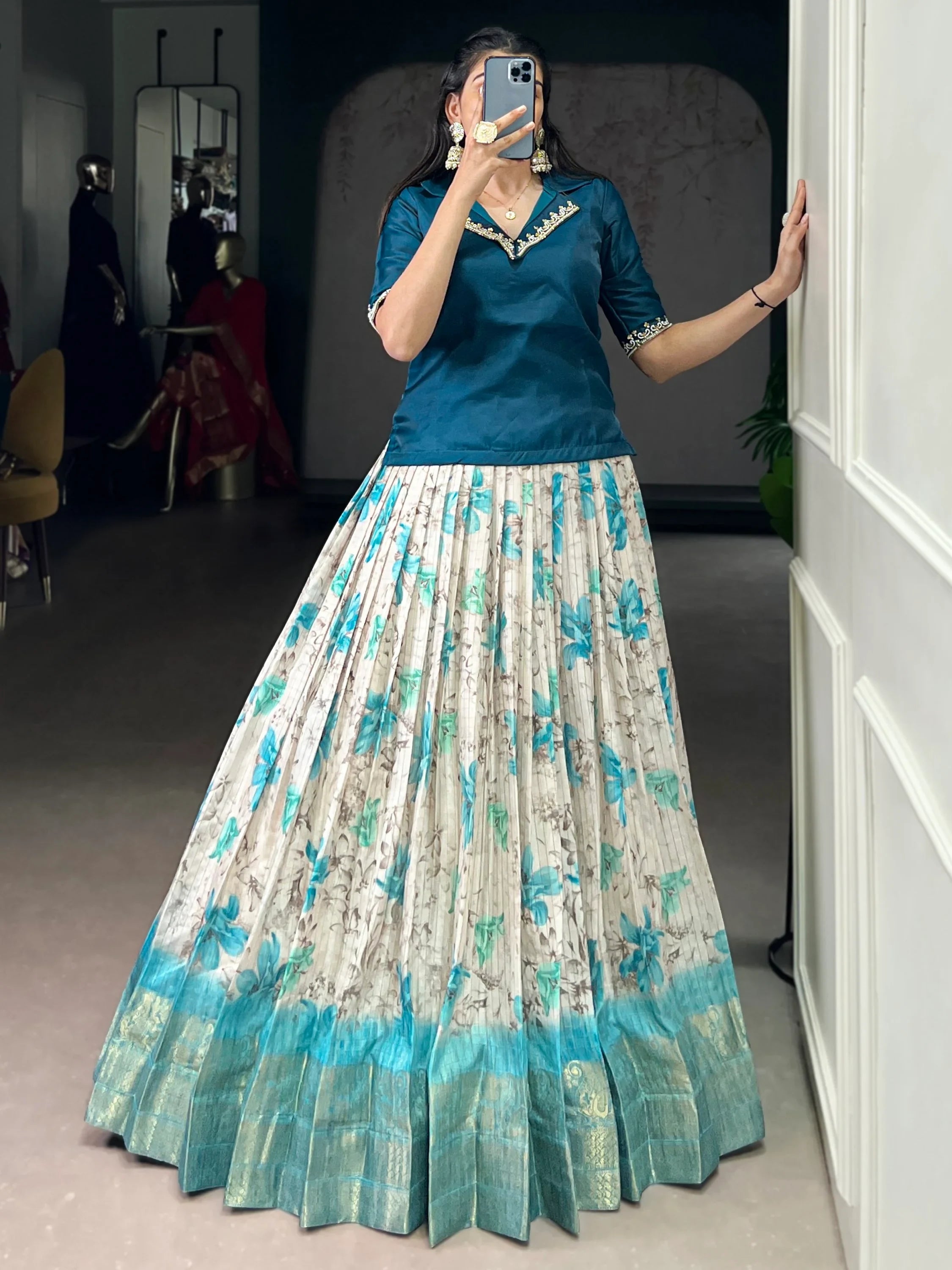 Teal Classic Floral Printed Dola Silk Festive Wear Co-Ord Lehenga Set