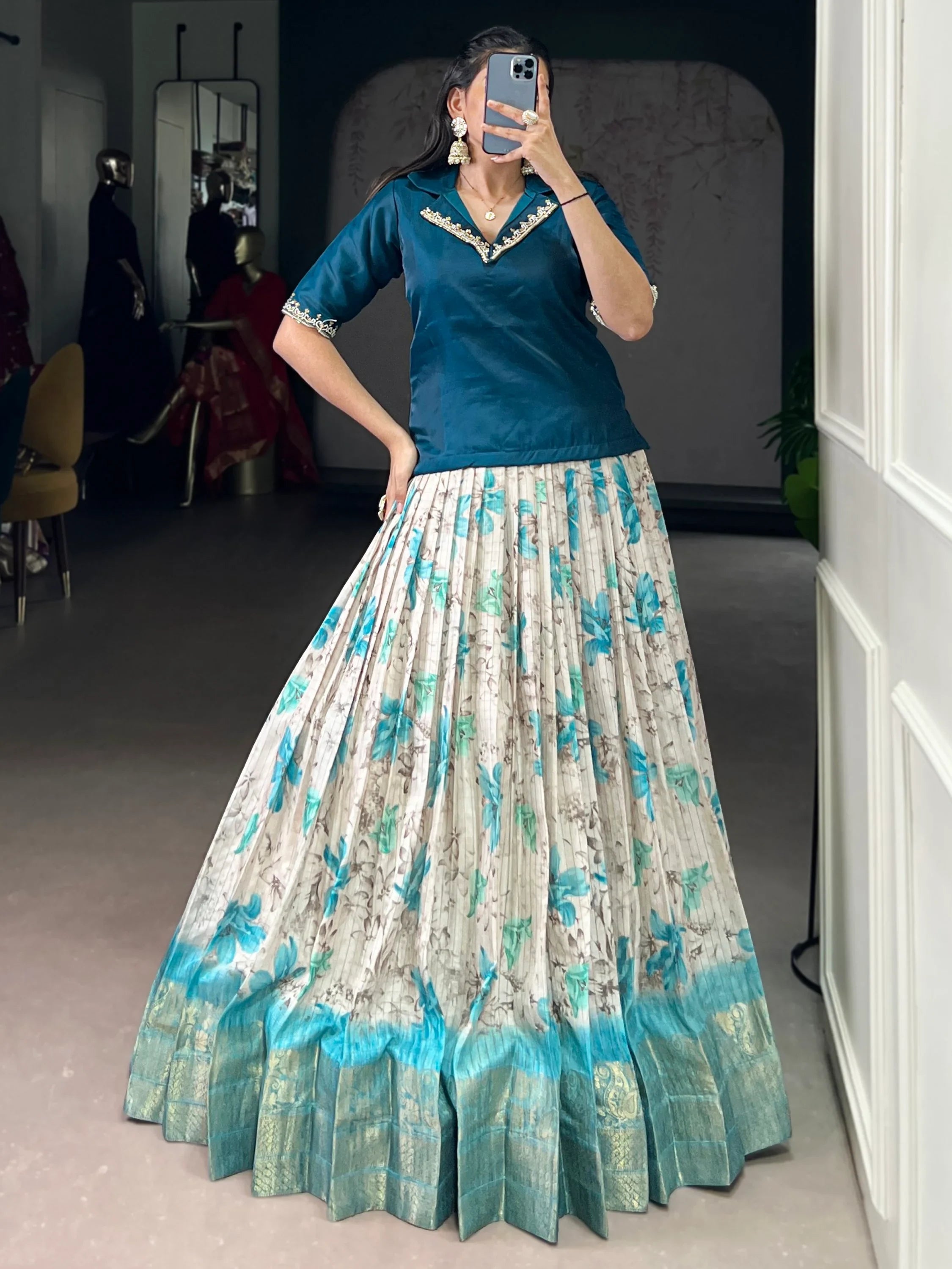 Teal Classic Floral Printed Dola Silk Festive Wear Co-Ord Lehenga Set