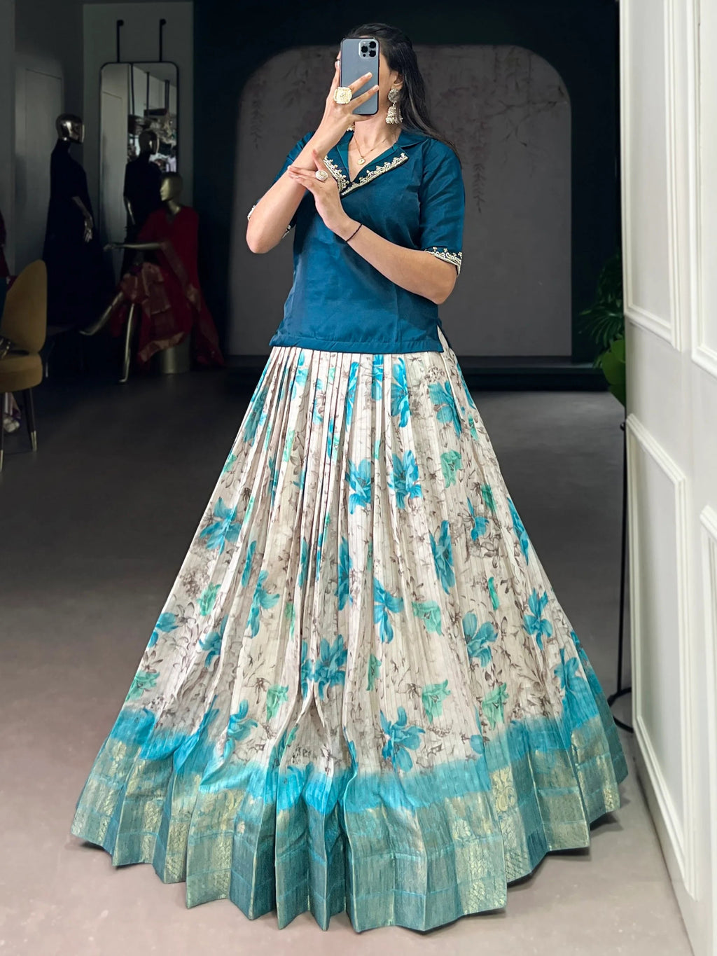 Teal Classic Floral Printed Dola Silk Festive Wear Co-Ord Lehenga Set