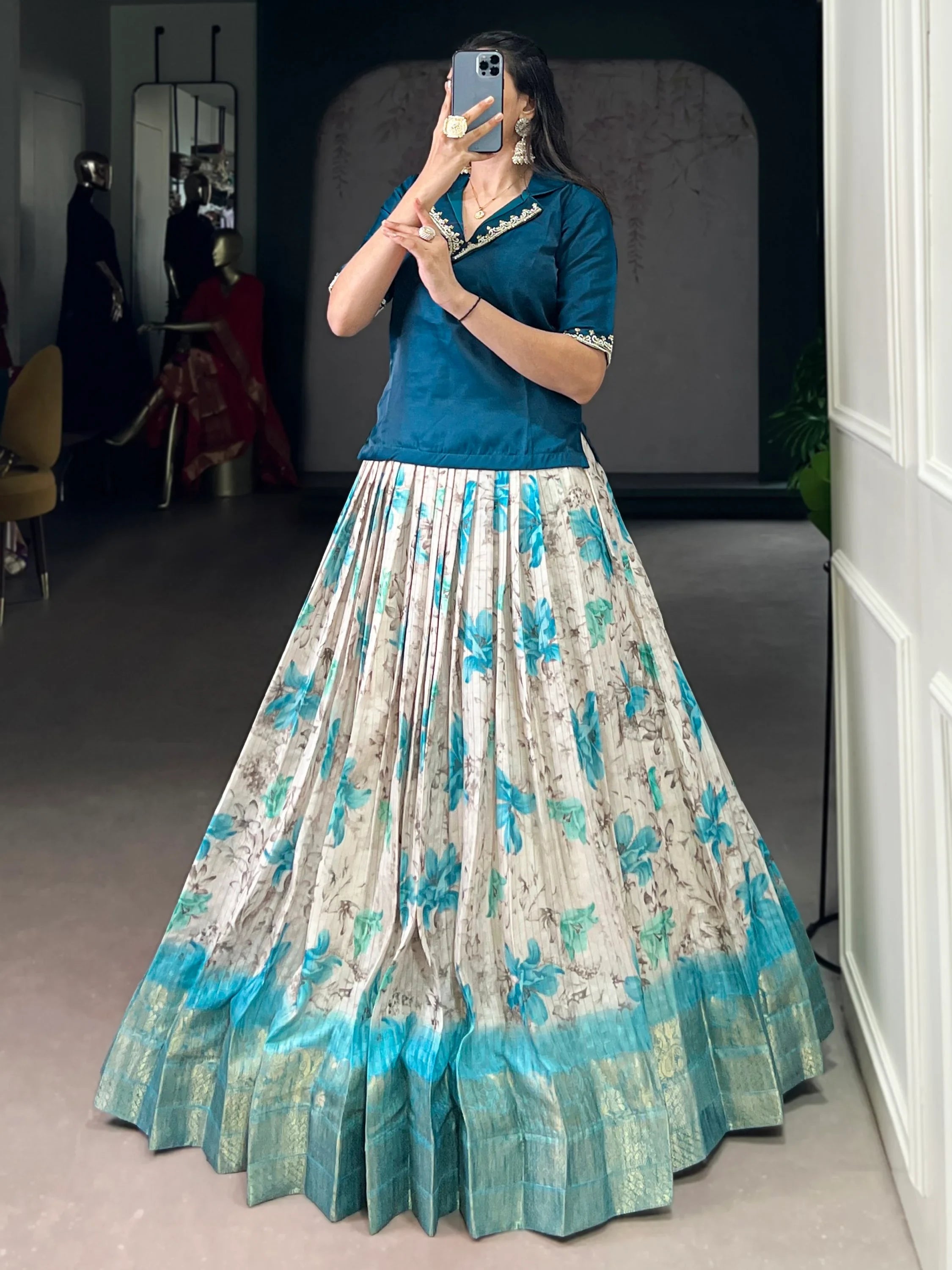 Teal Classic Floral Printed Dola Silk Festive Wear Co-Ord Lehenga Set