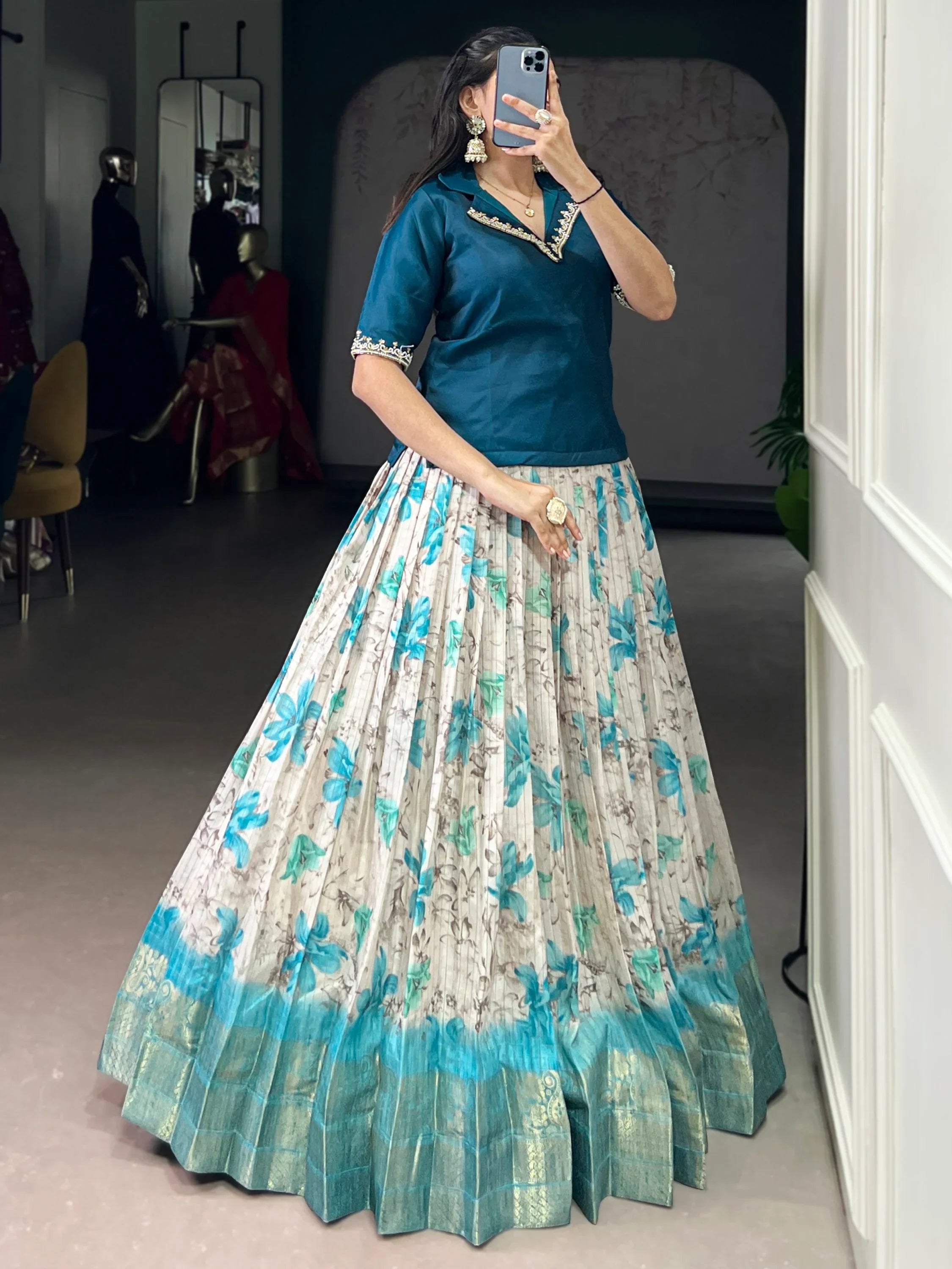 Teal Classic Floral Printed Dola Silk Festive Wear Co-Ord Lehenga Set