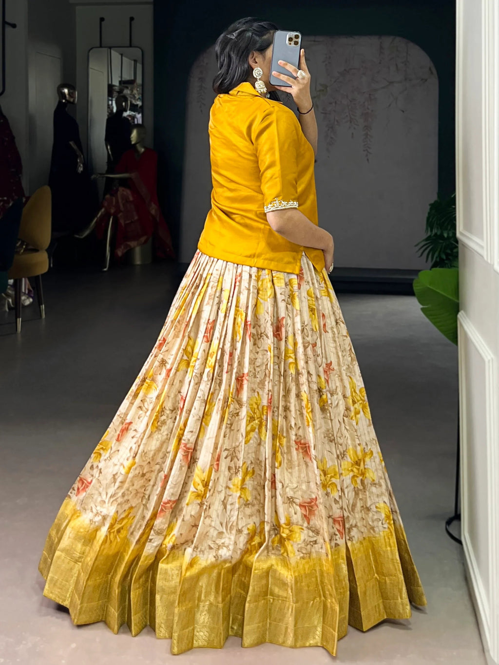 Yellow Classic Floral Printed Dola Silk Festive Wear Co-Ord Lehenga Set