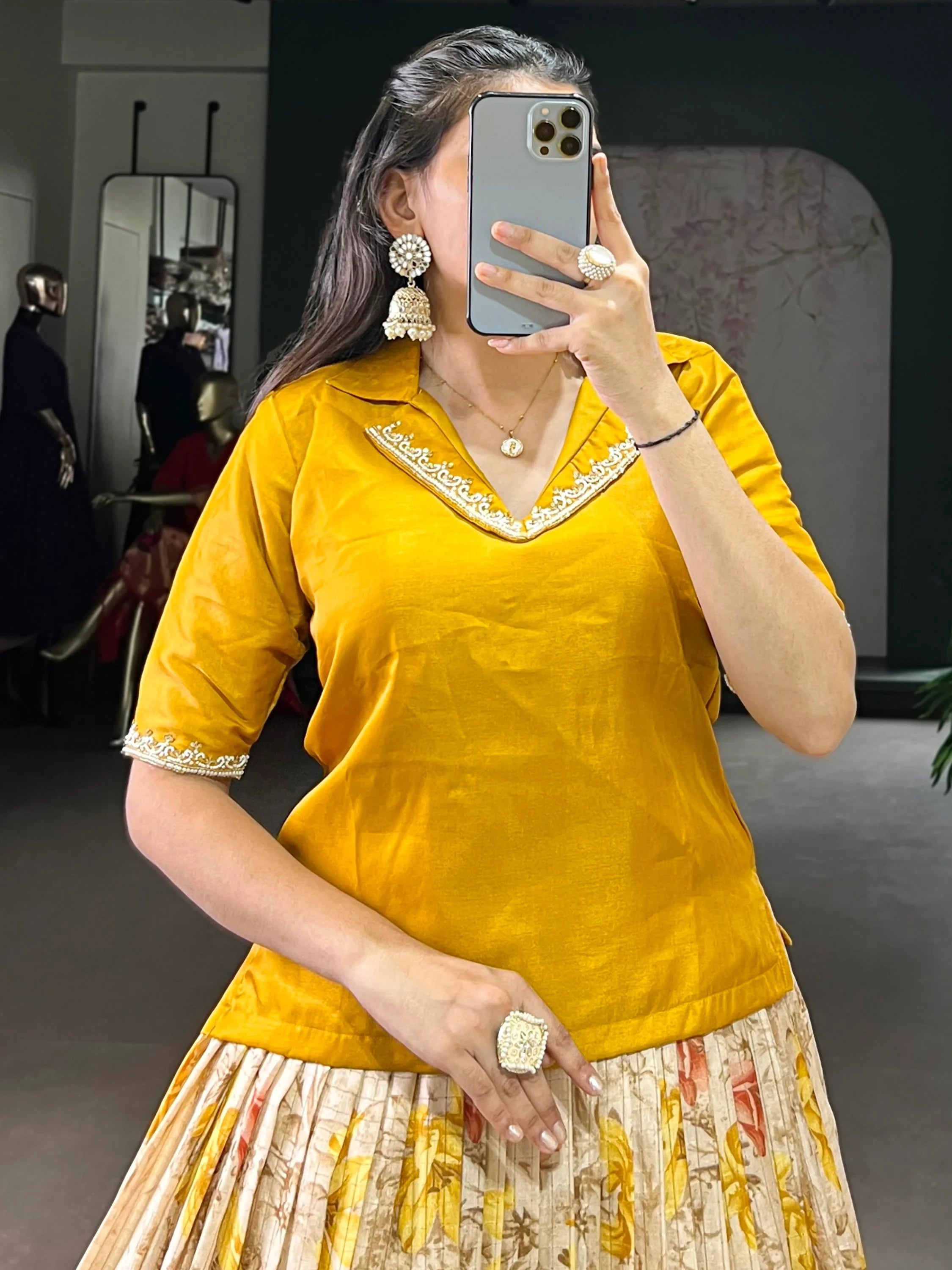 Yellow Classic Floral Printed Dola Silk Festive Wear Co-Ord Lehenga Set