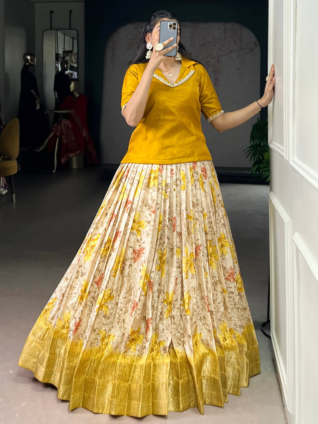 Yellow Classic Floral Printed Dola Silk Festive Wear Co-Ord Lehenga Set