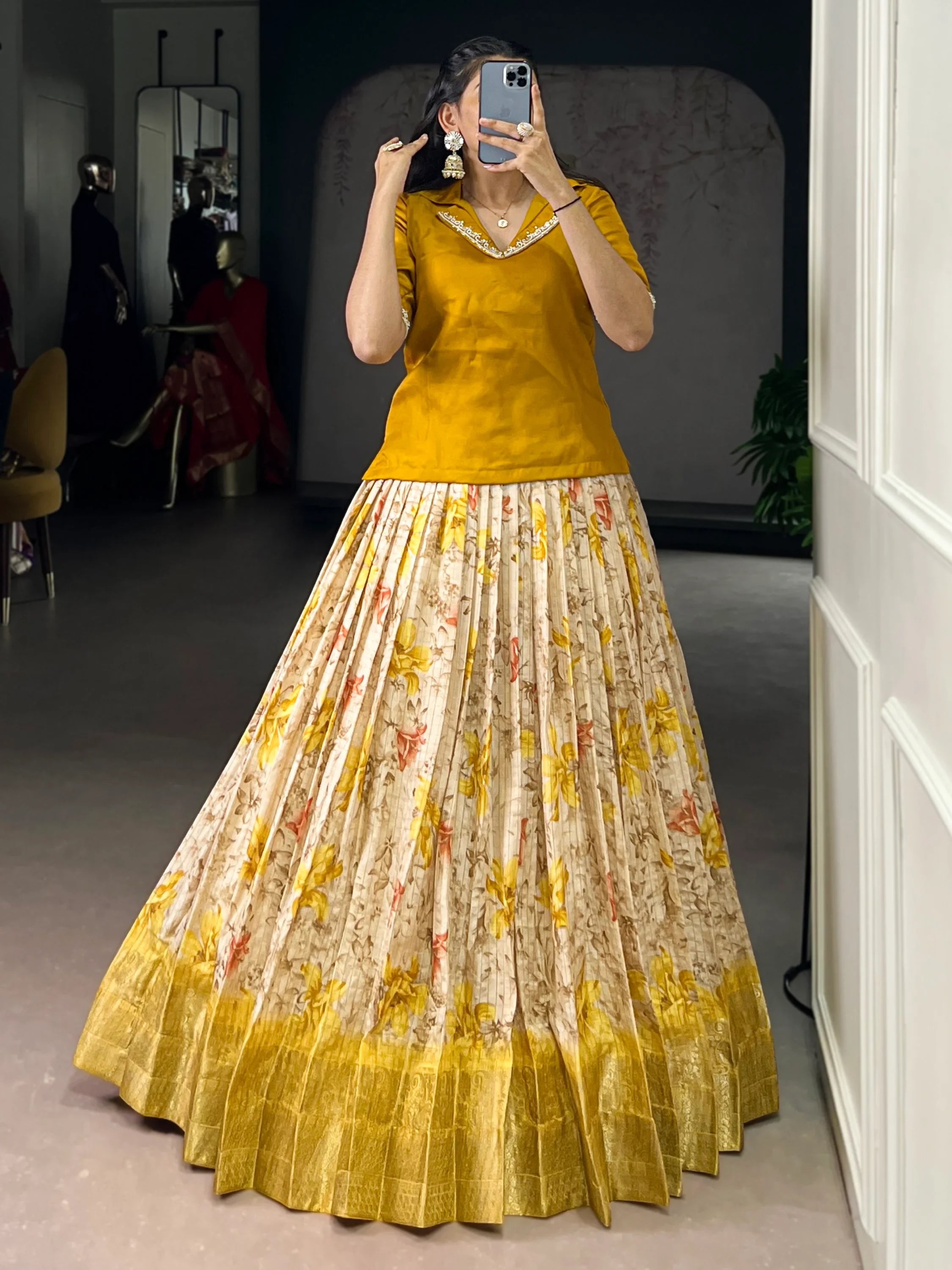 Yellow Classic Floral Printed Dola Silk Festive Wear Co-Ord Lehenga Set