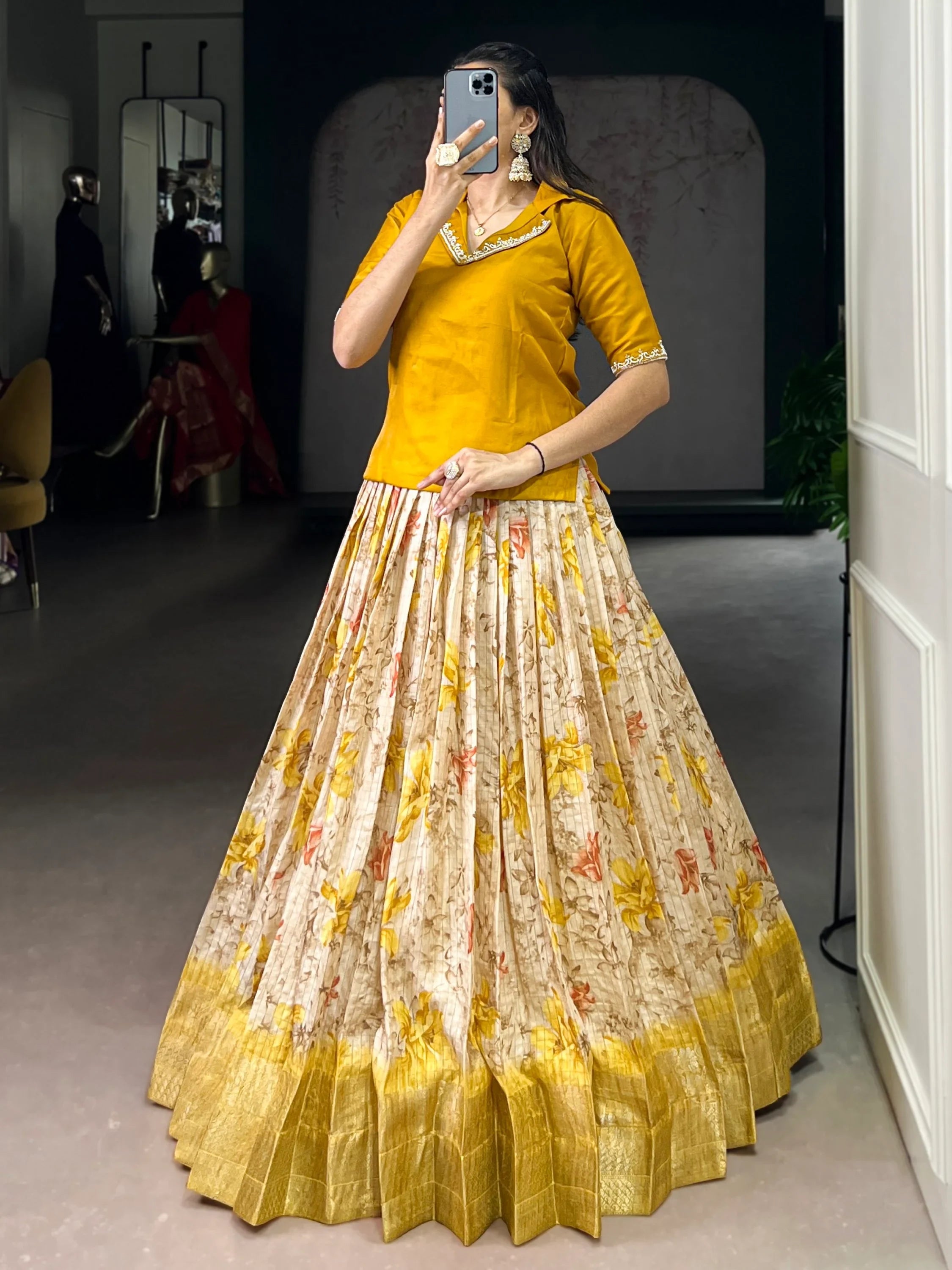 Yellow Classic Floral Printed Dola Silk Festive Wear Co-Ord Lehenga Set