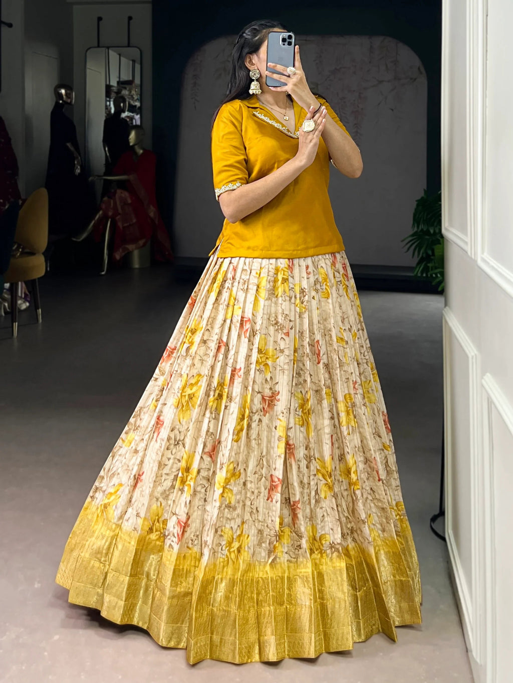 Yellow Classic Floral Printed Dola Silk Festive Wear Co-Ord Lehenga Set
