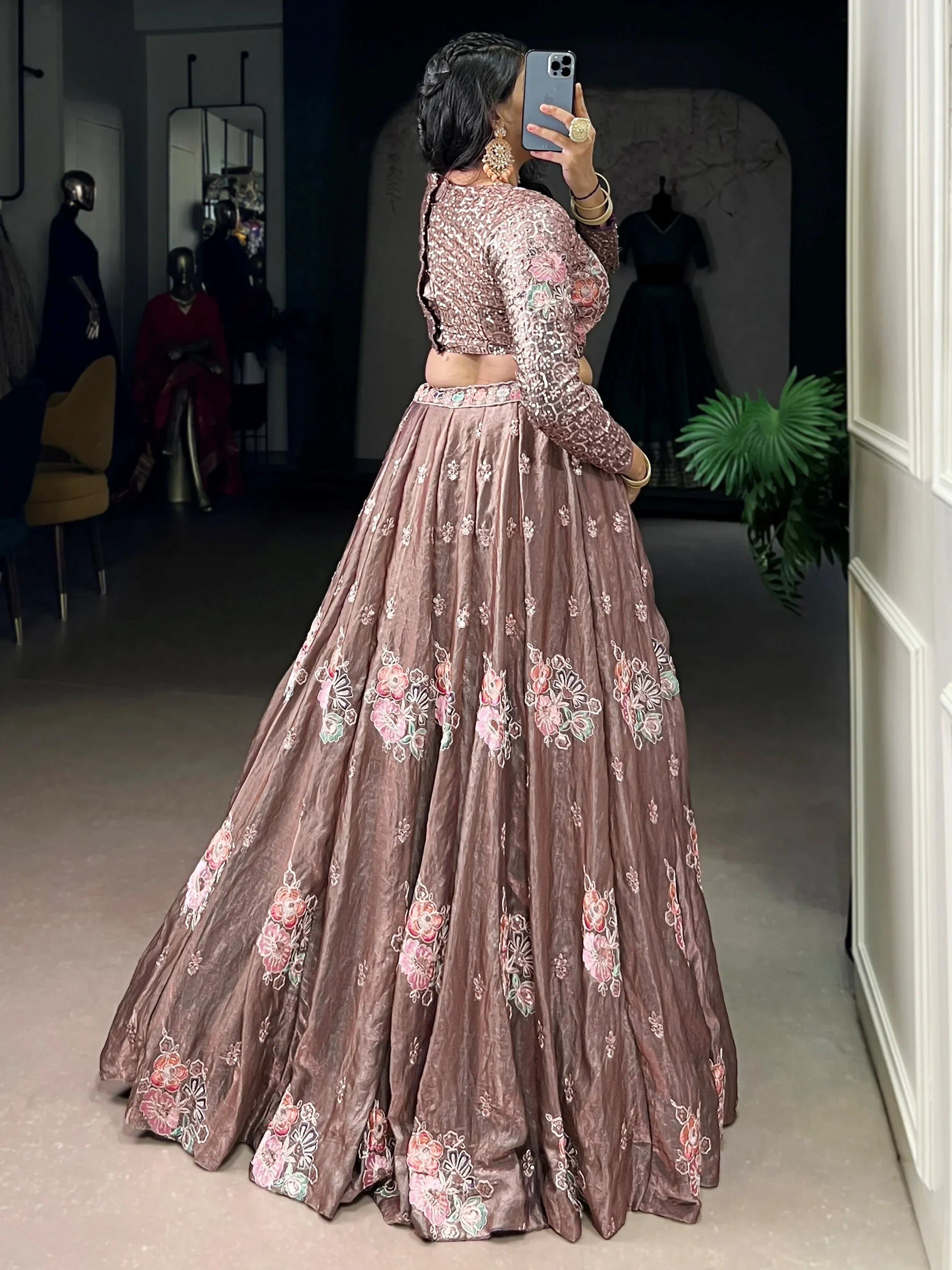 Elegant Pink Embroidered Organza Party Wear Crop Top Lehenga