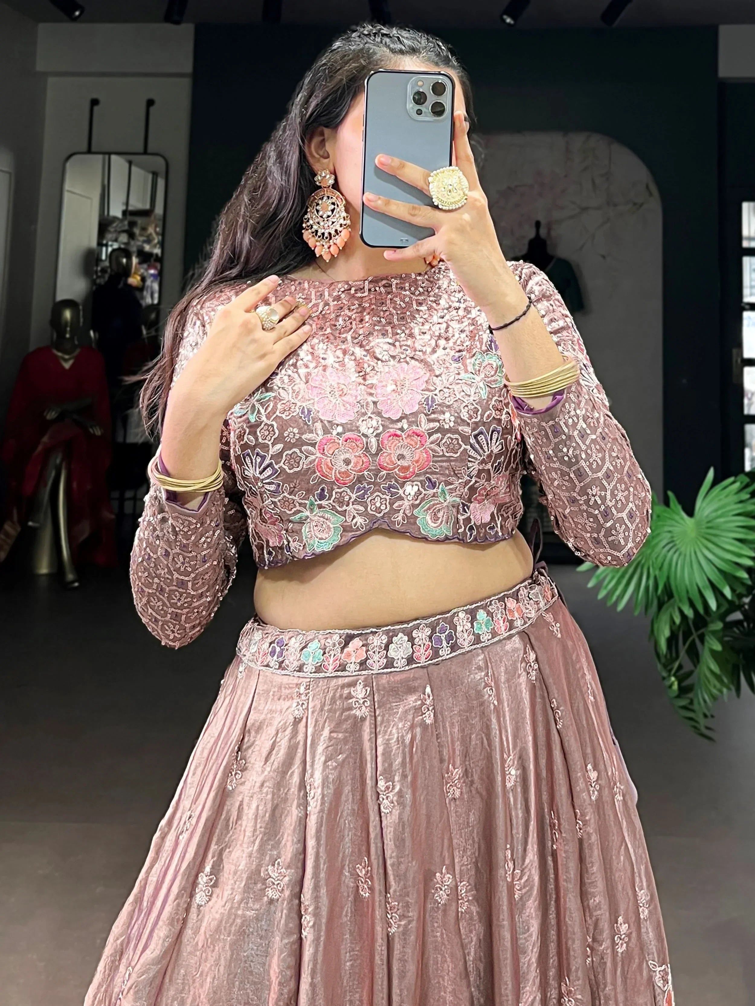 Elegant Pink Embroidered Organza Party Wear Crop Top Lehenga