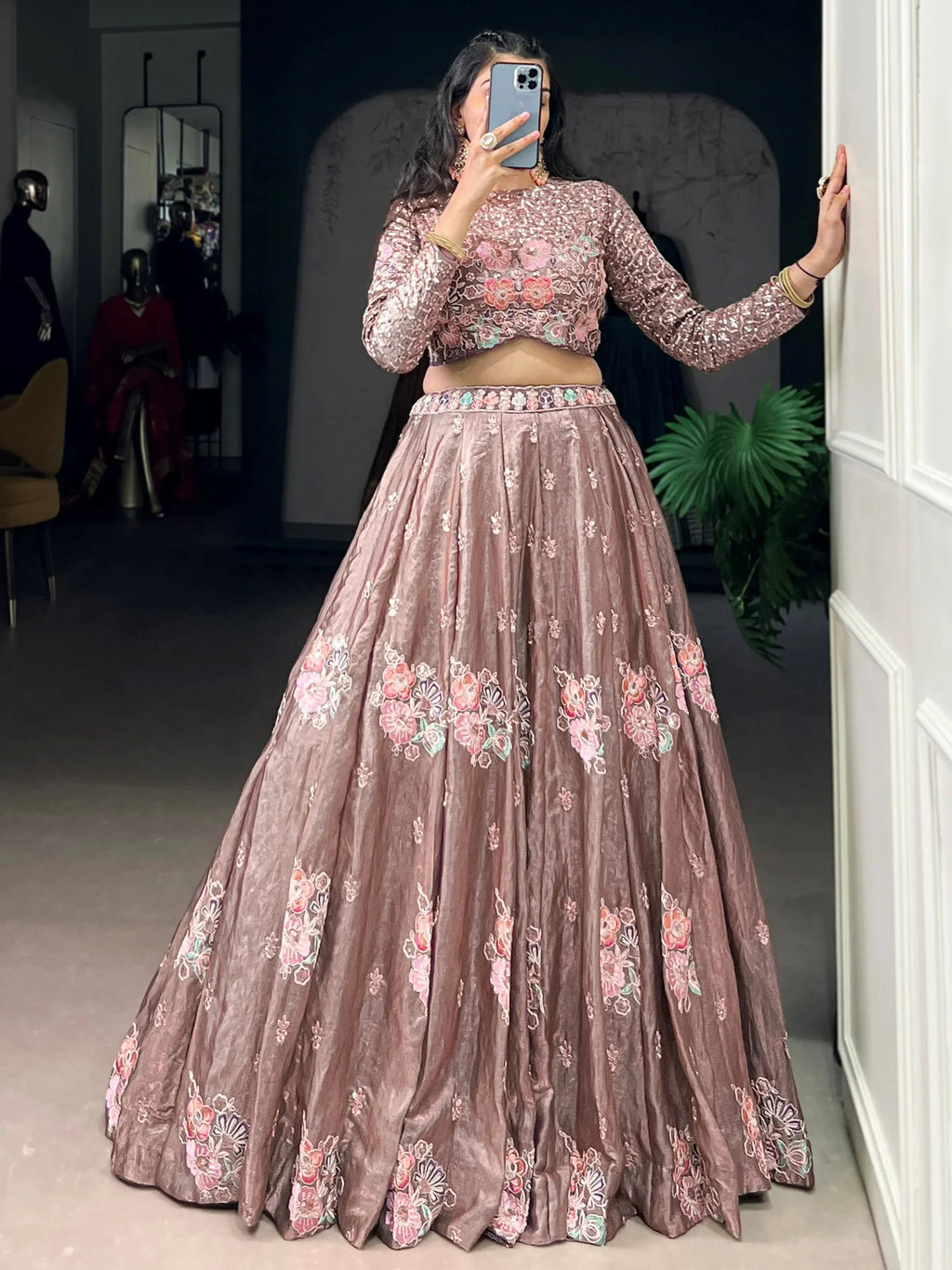 Elegant Pink Embroidered Organza Party Wear Crop Top Lehenga