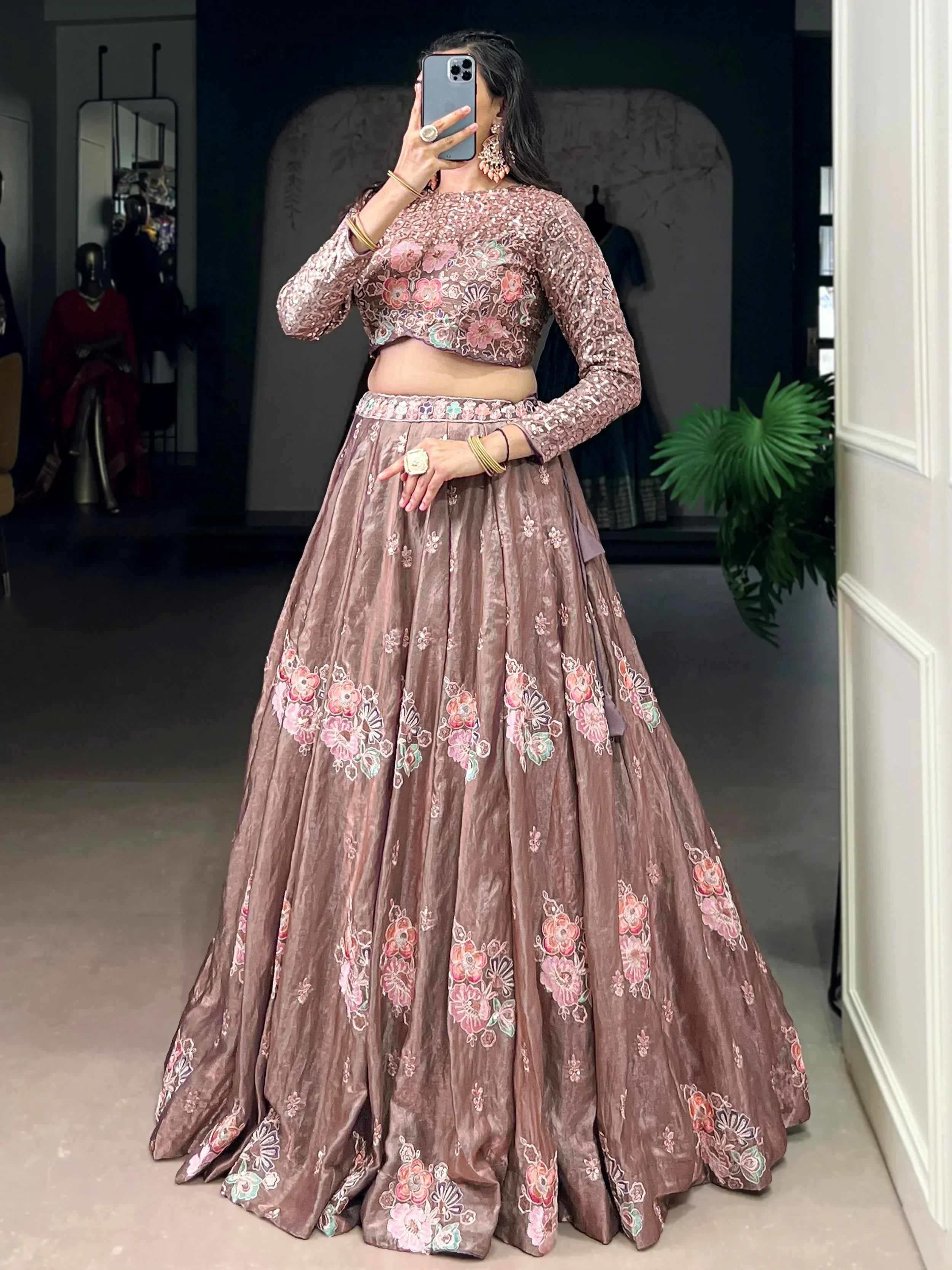 Elegant Pink Embroidered Organza Party Wear Crop Top Lehenga