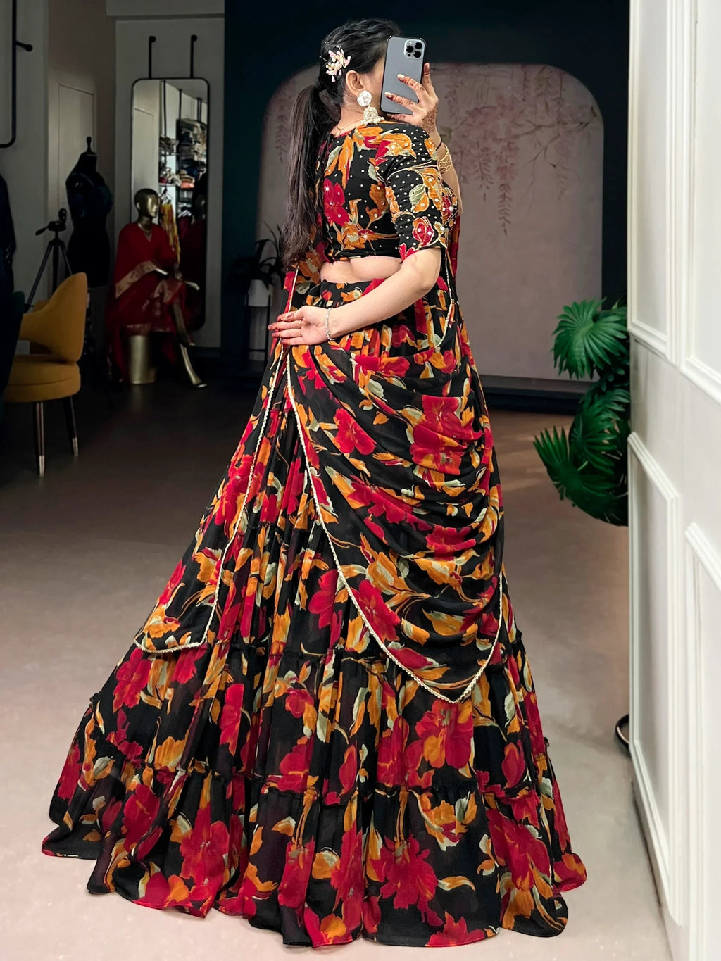 Black Amazing Floral Printed Georgette Function Wear Lehenga Choli