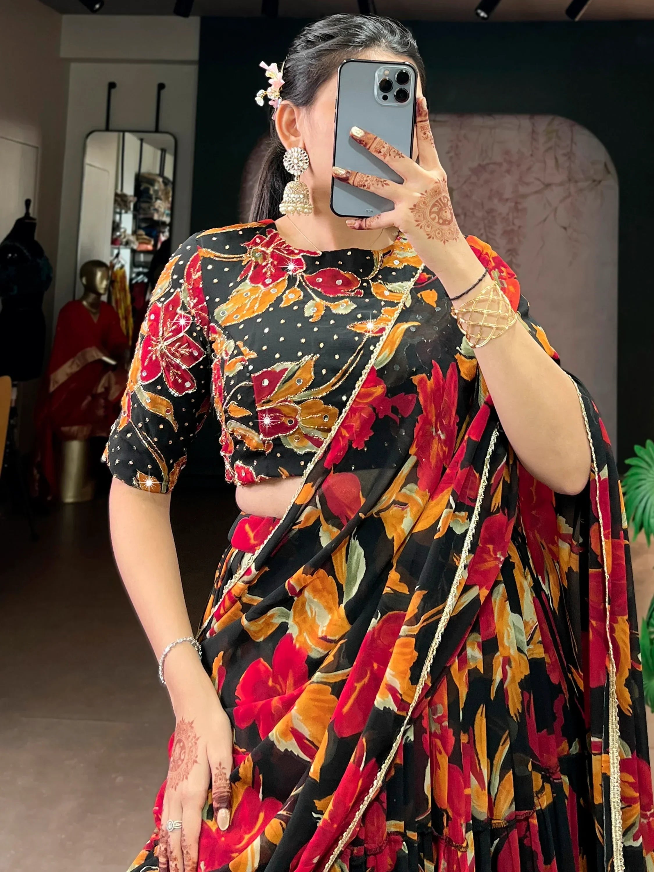 Black Amazing Floral Printed Georgette Function Wear Lehenga Choli