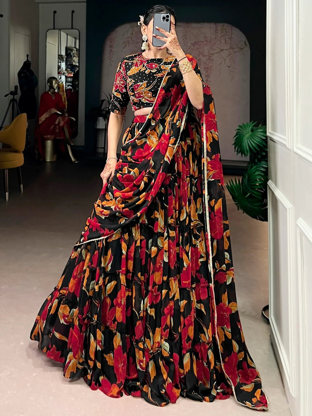 Black Amazing Floral Printed Georgette Function Wear Lehenga Choli