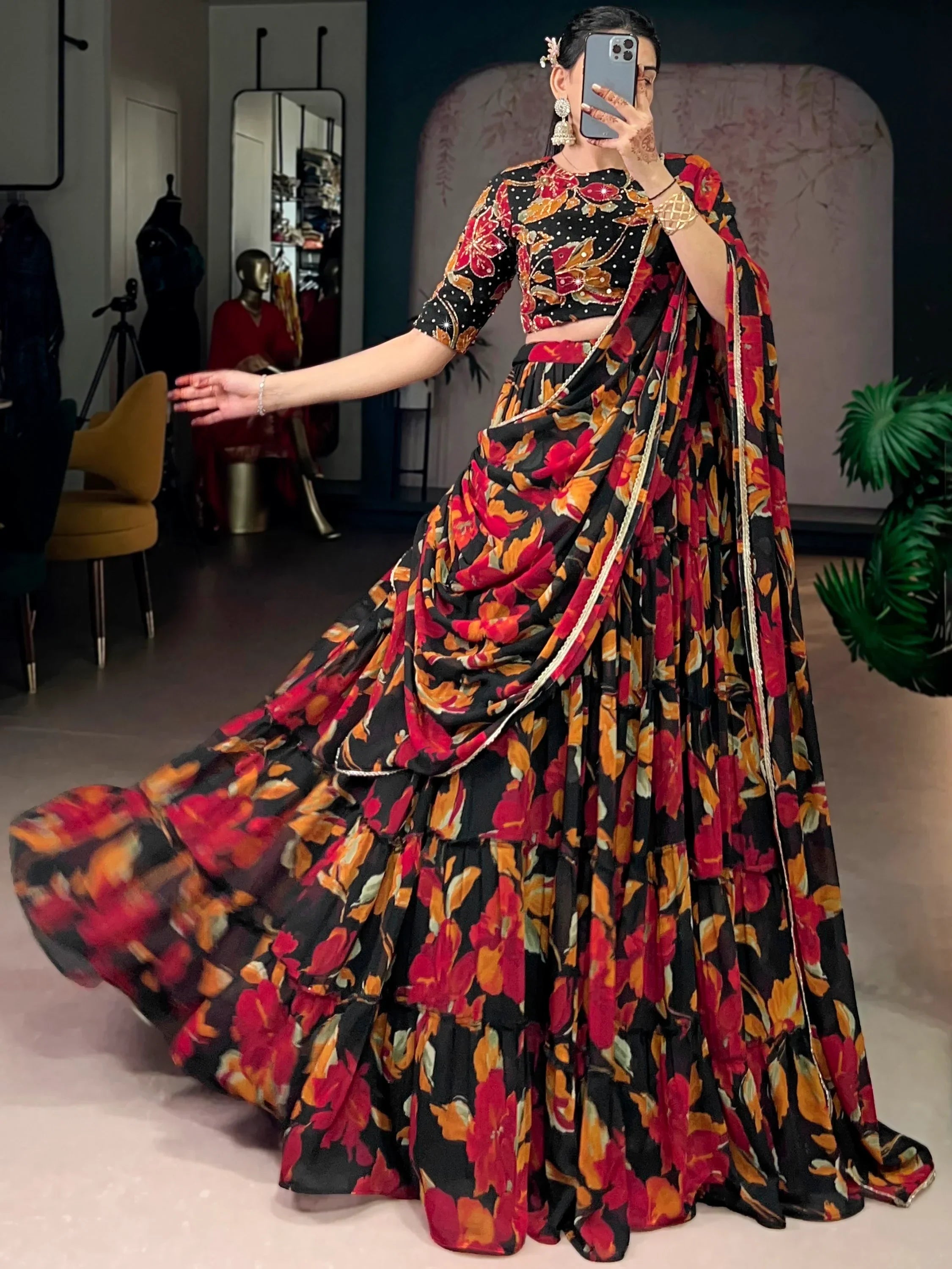 Black Amazing Floral Printed Georgette Function Wear Lehenga Choli