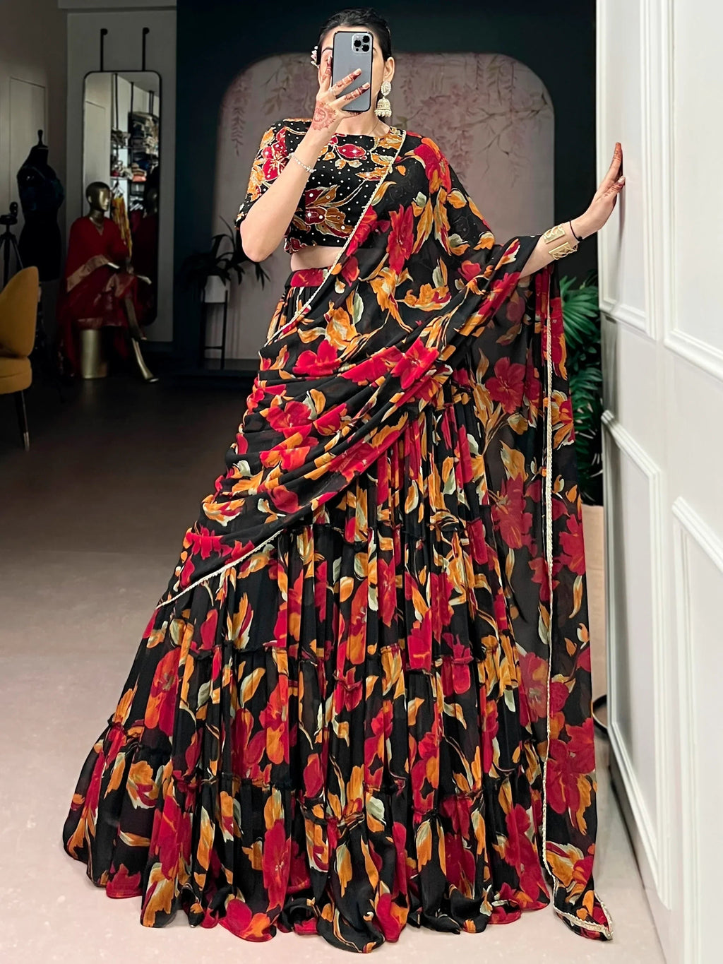 Black Amazing Floral Printed Georgette Function Wear Lehenga Choli