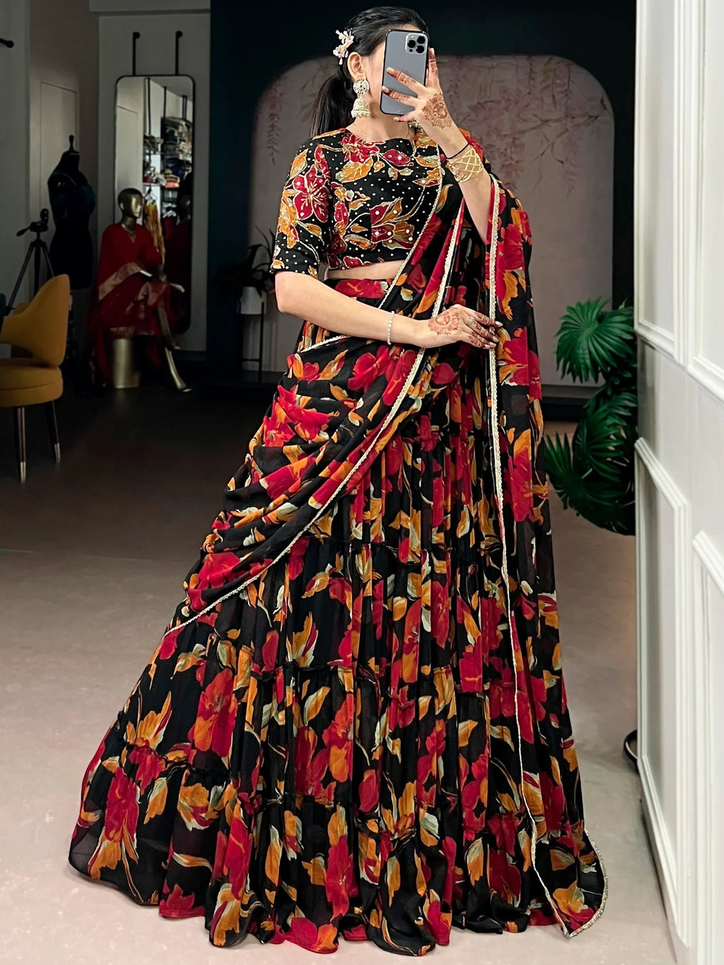 Black Amazing Floral Printed Georgette Function Wear Lehenga Choli