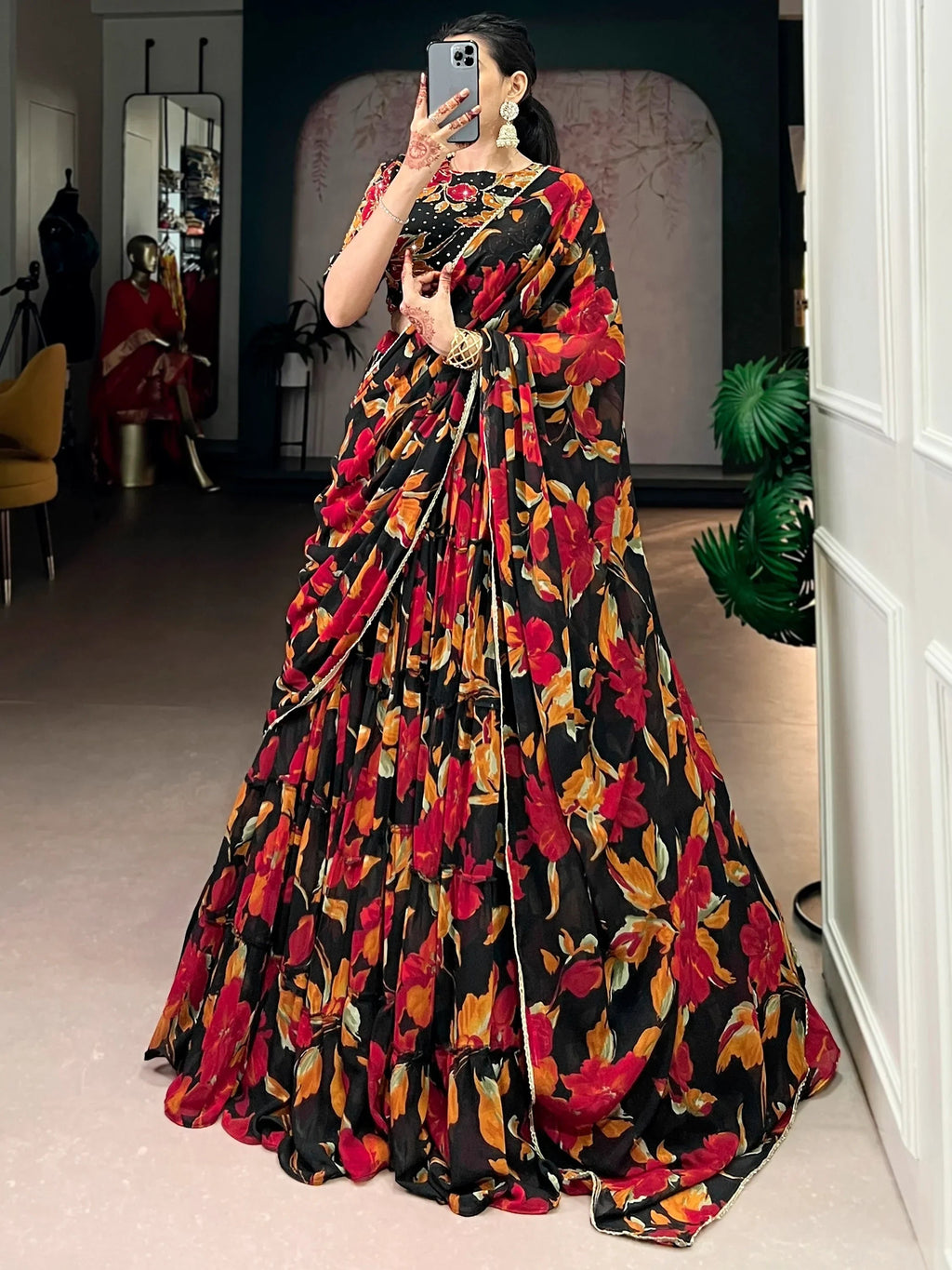 Black Amazing Floral Printed Georgette Function Wear Lehenga Choli