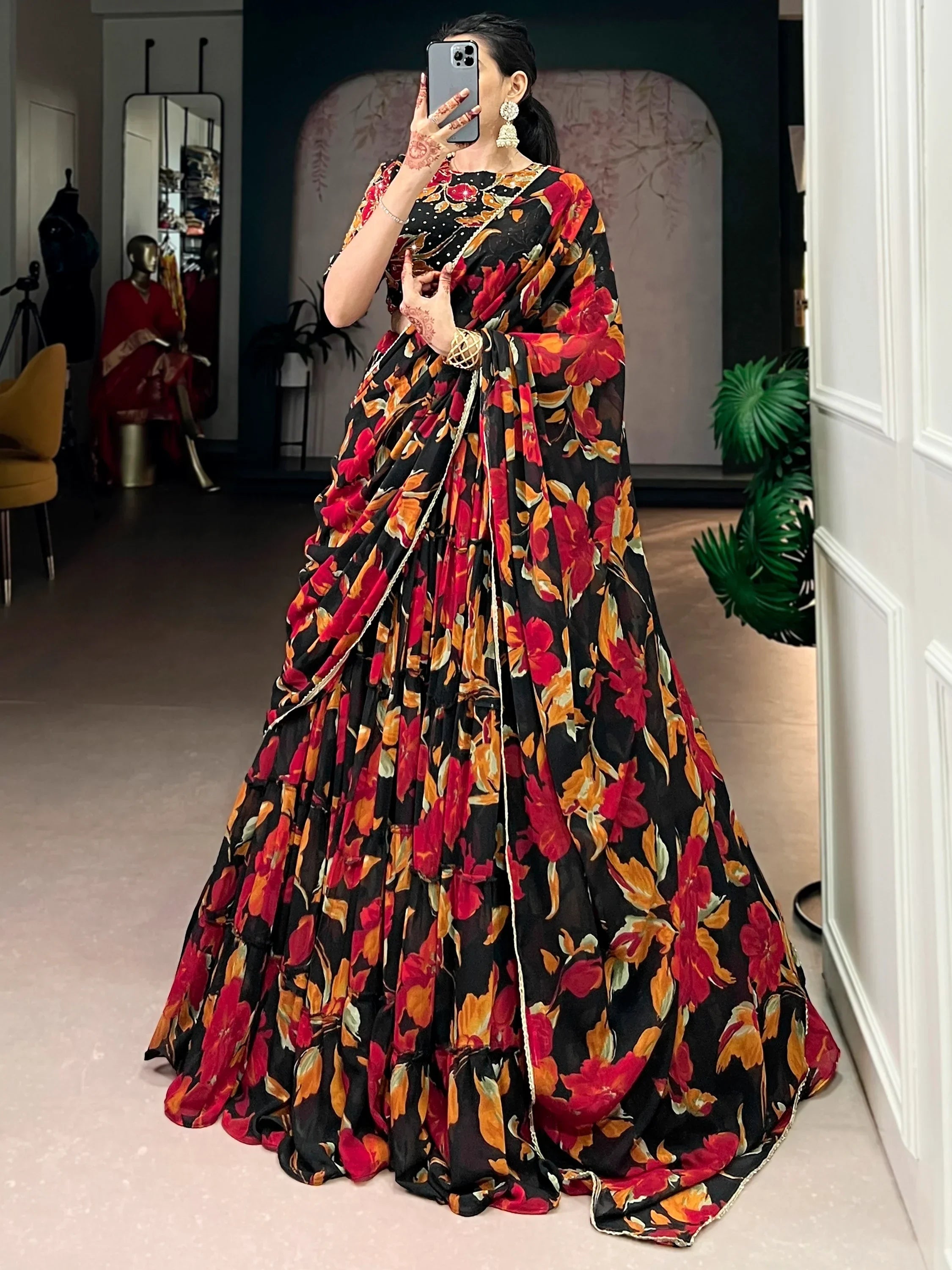 Black Amazing Floral Printed Georgette Function Wear Lehenga Choli