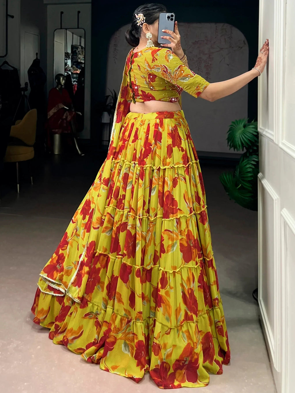 Yellow Amazing Floral Printed Georgette Function Wear Lehenga Choli