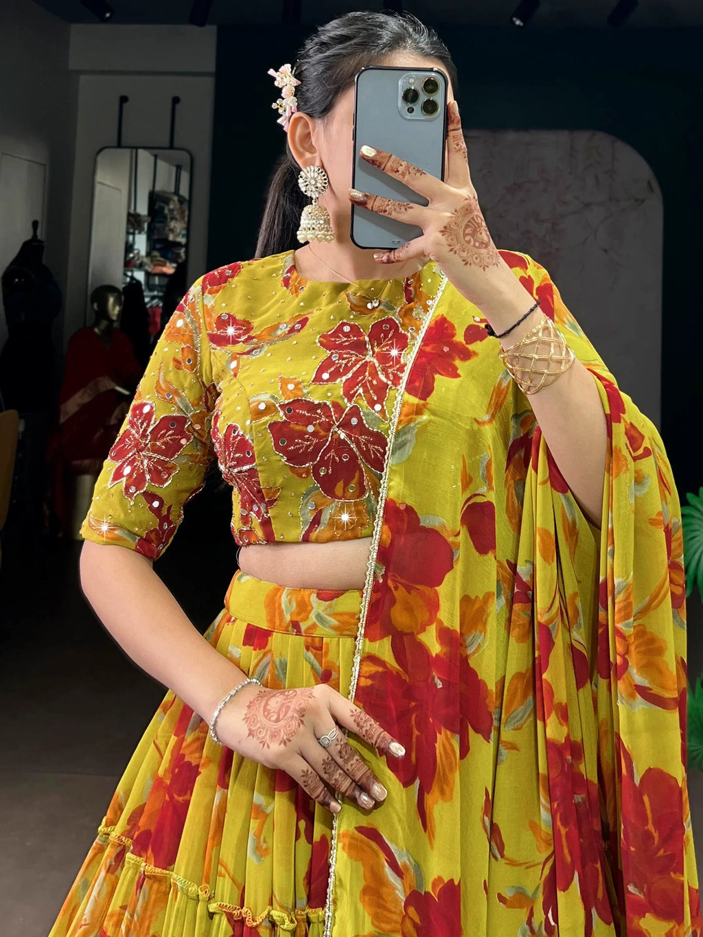 Yellow Amazing Floral Printed Georgette Function Wear Lehenga Choli