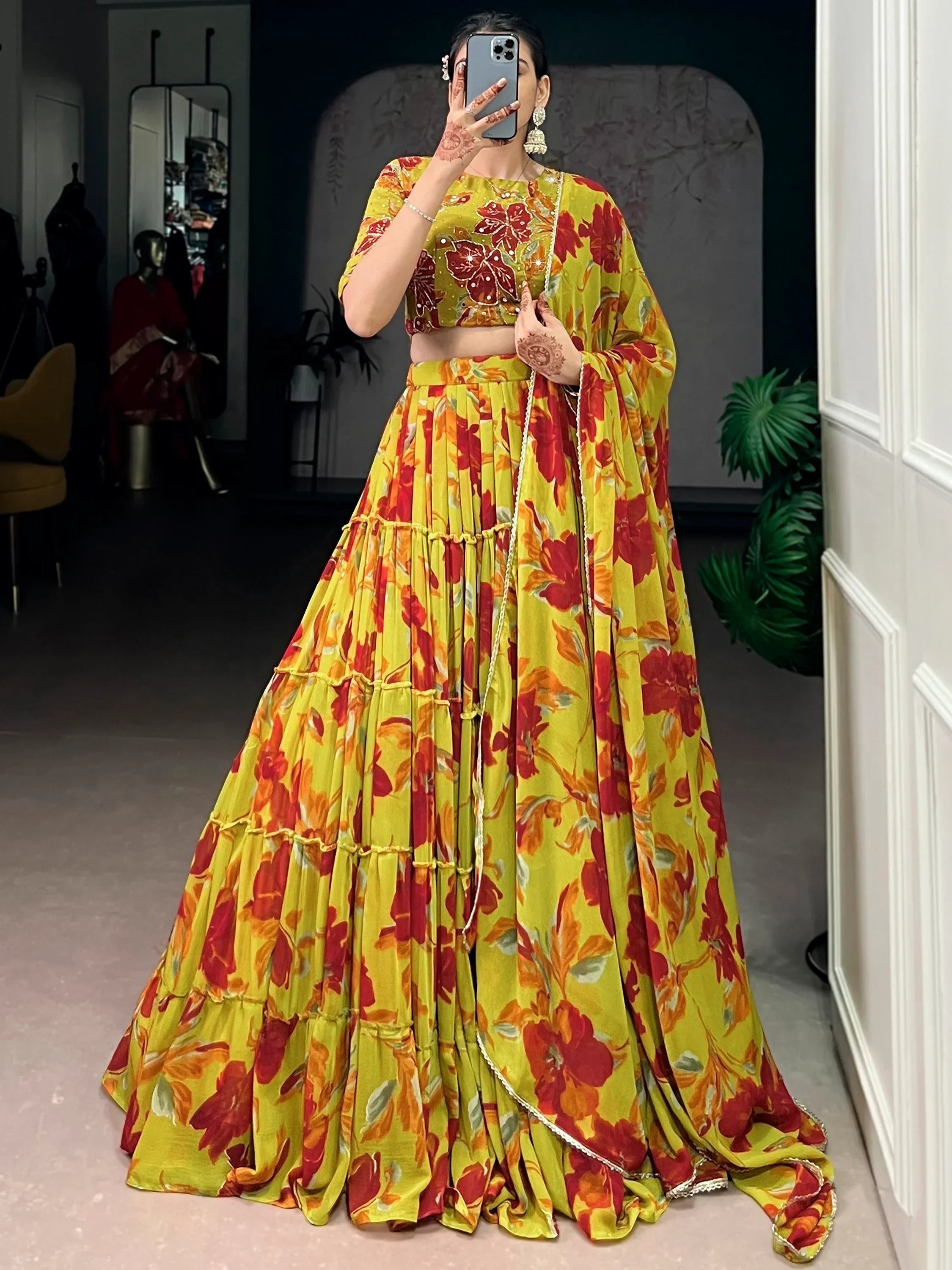 Yellow Amazing Floral Printed Georgette Function Wear Lehenga Choli