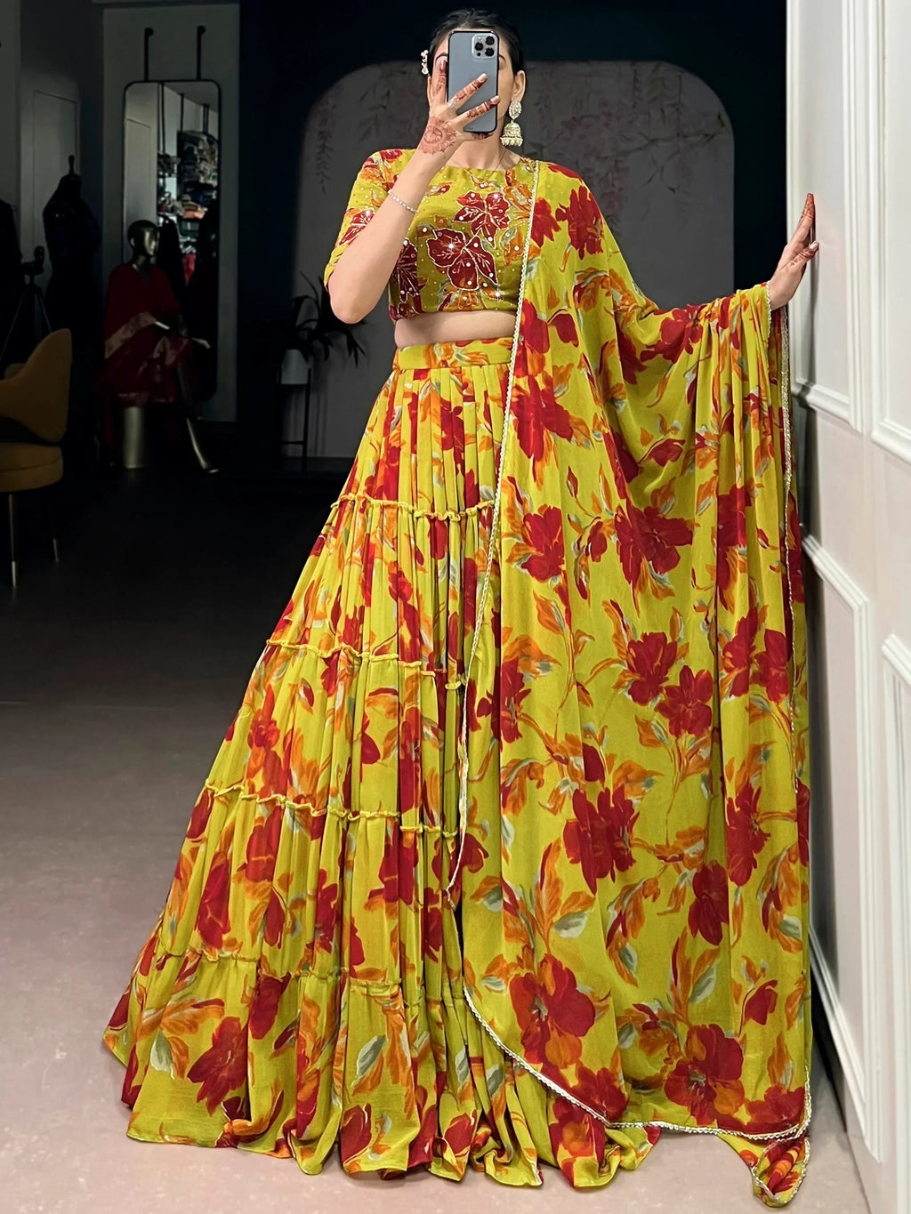 Yellow Amazing Floral Printed Georgette Function Wear Lehenga Choli