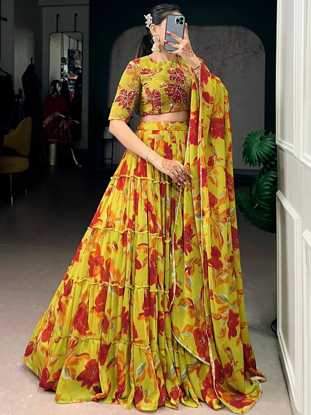 Yellow Amazing Floral Printed Georgette Function Wear Lehenga Choli
