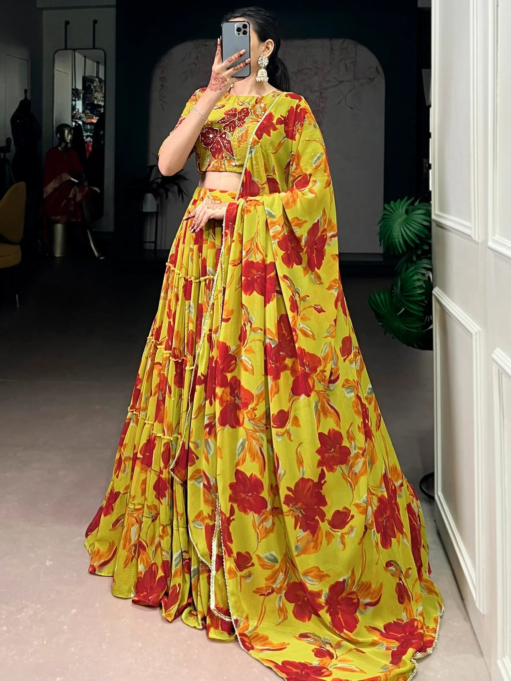 Yellow Amazing Floral Printed Georgette Function Wear Lehenga Choli