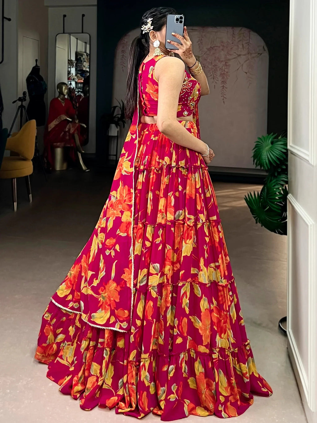 Pink Amazing Floral Printed Georgette Function Wear Lehenga Choli