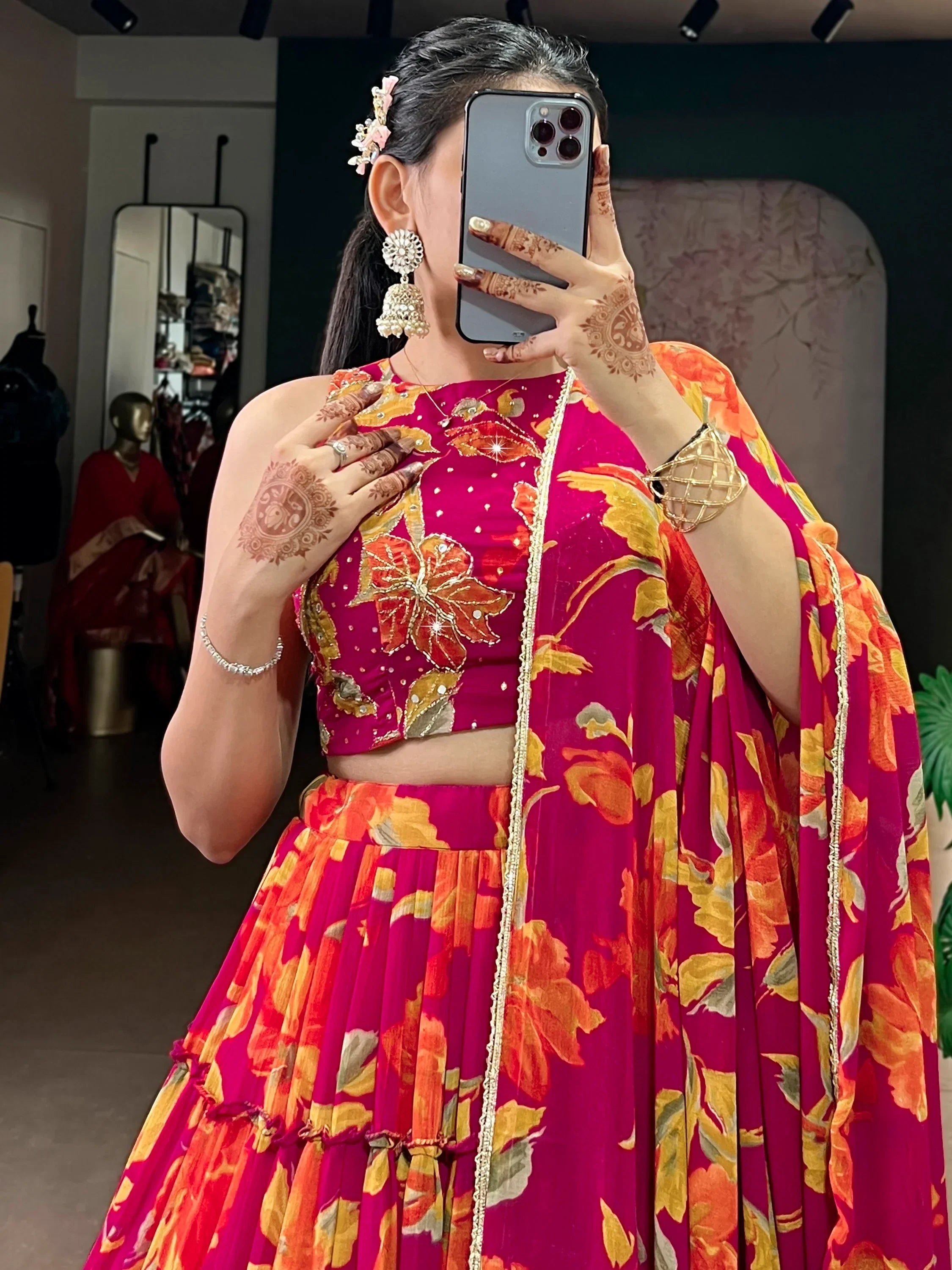 Pink Amazing Floral Printed Georgette Function Wear Lehenga Choli