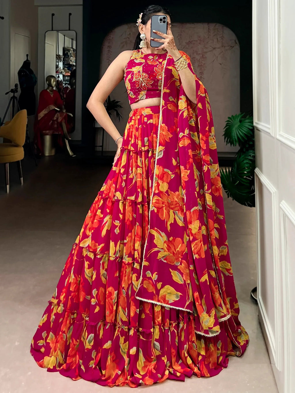 Pink Amazing Floral Printed Georgette Function Wear Lehenga Choli