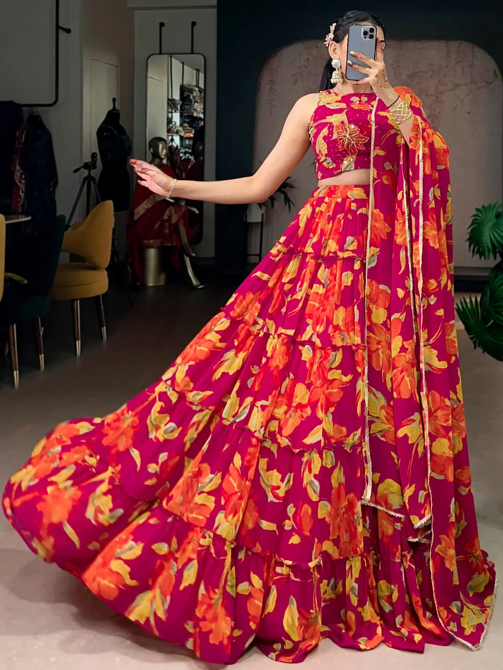 Pink Amazing Floral Printed Georgette Function Wear Lehenga Choli