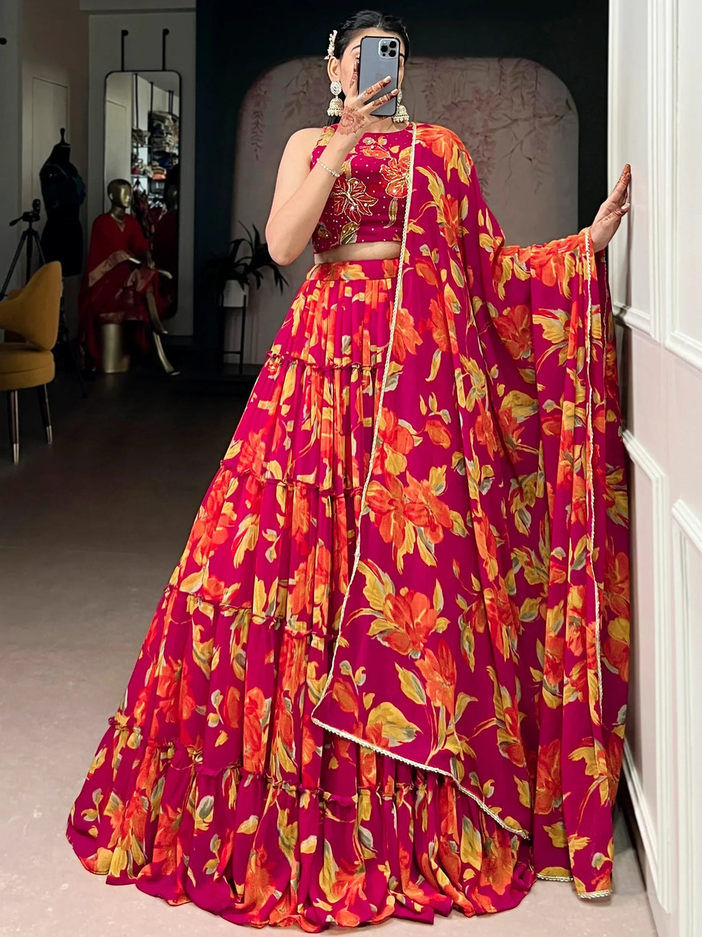 Pink Amazing Floral Printed Georgette Function Wear Lehenga Choli