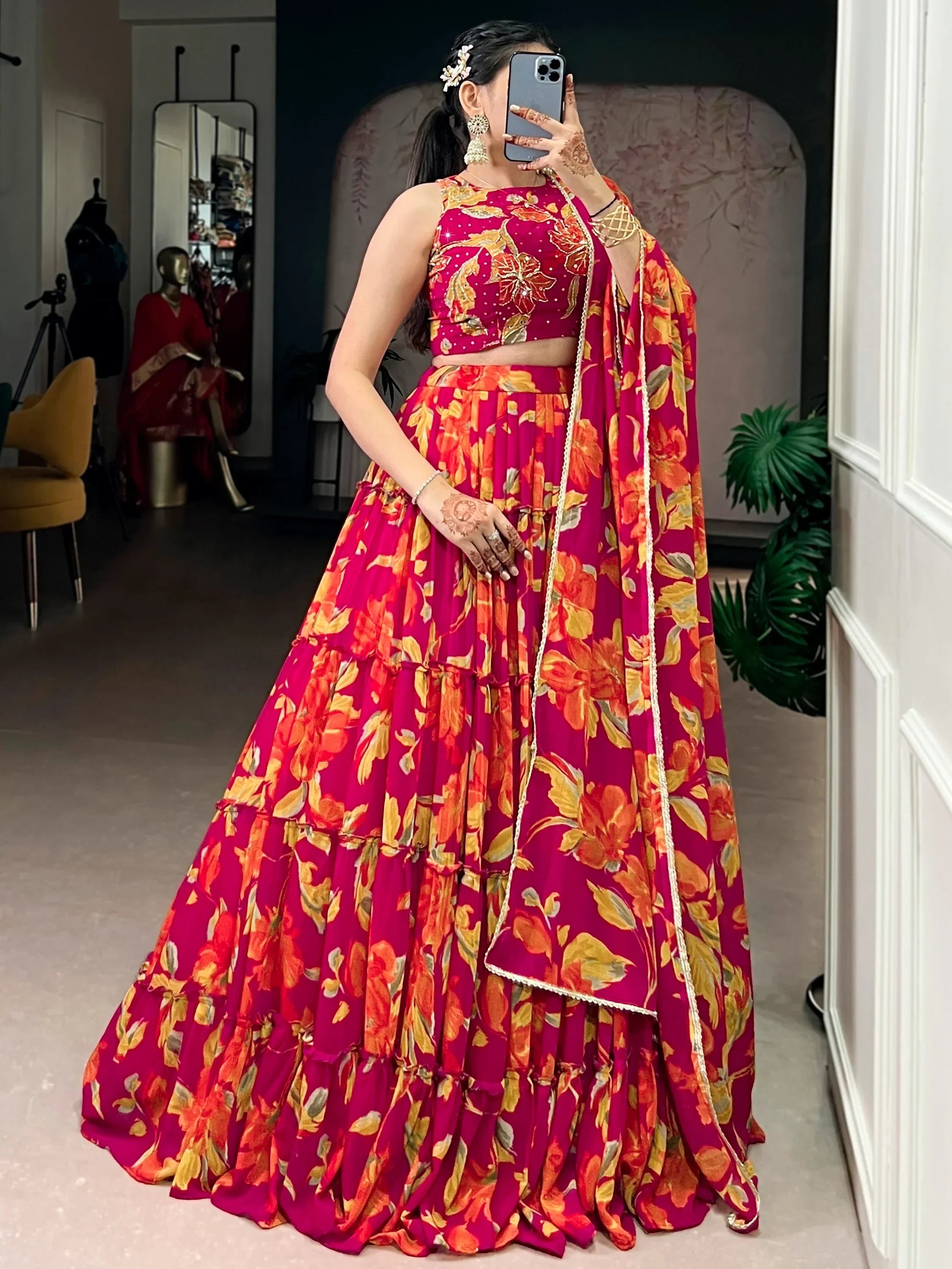 Pink Amazing Floral Printed Georgette Function Wear Lehenga Choli