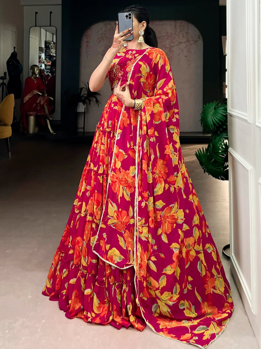 Pink Amazing Floral Printed Georgette Function Wear Lehenga Choli