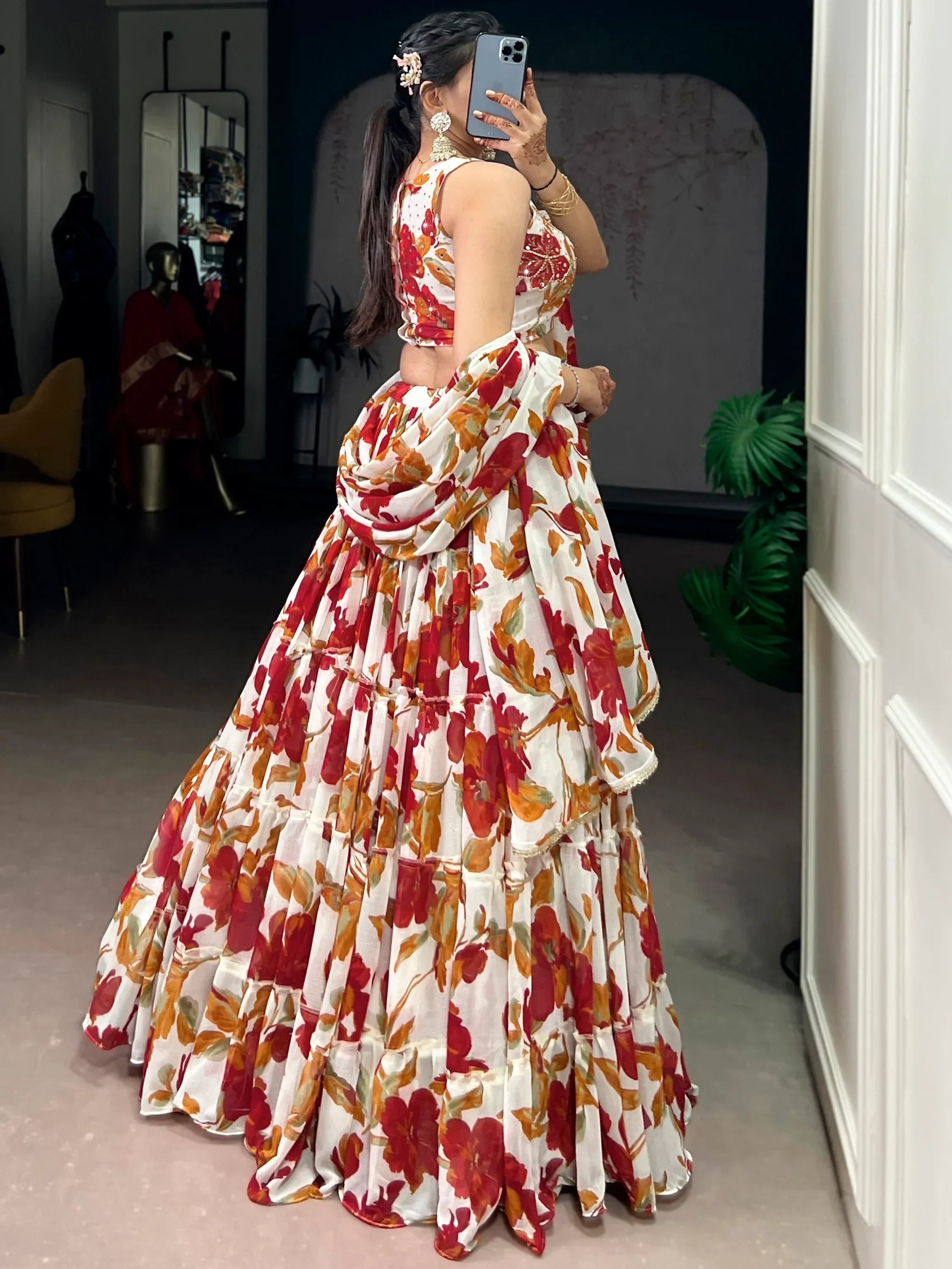 Off White Amazing Floral Printed Georgette Function Wear Lehenga Choli