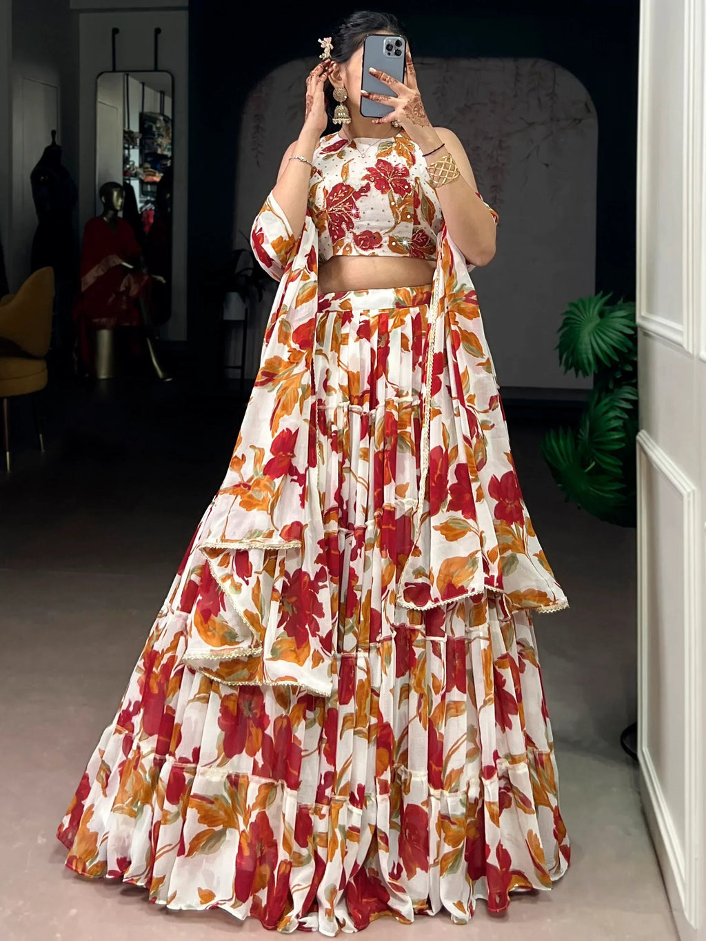 Off White Amazing Floral Printed Georgette Function Wear Lehenga Choli