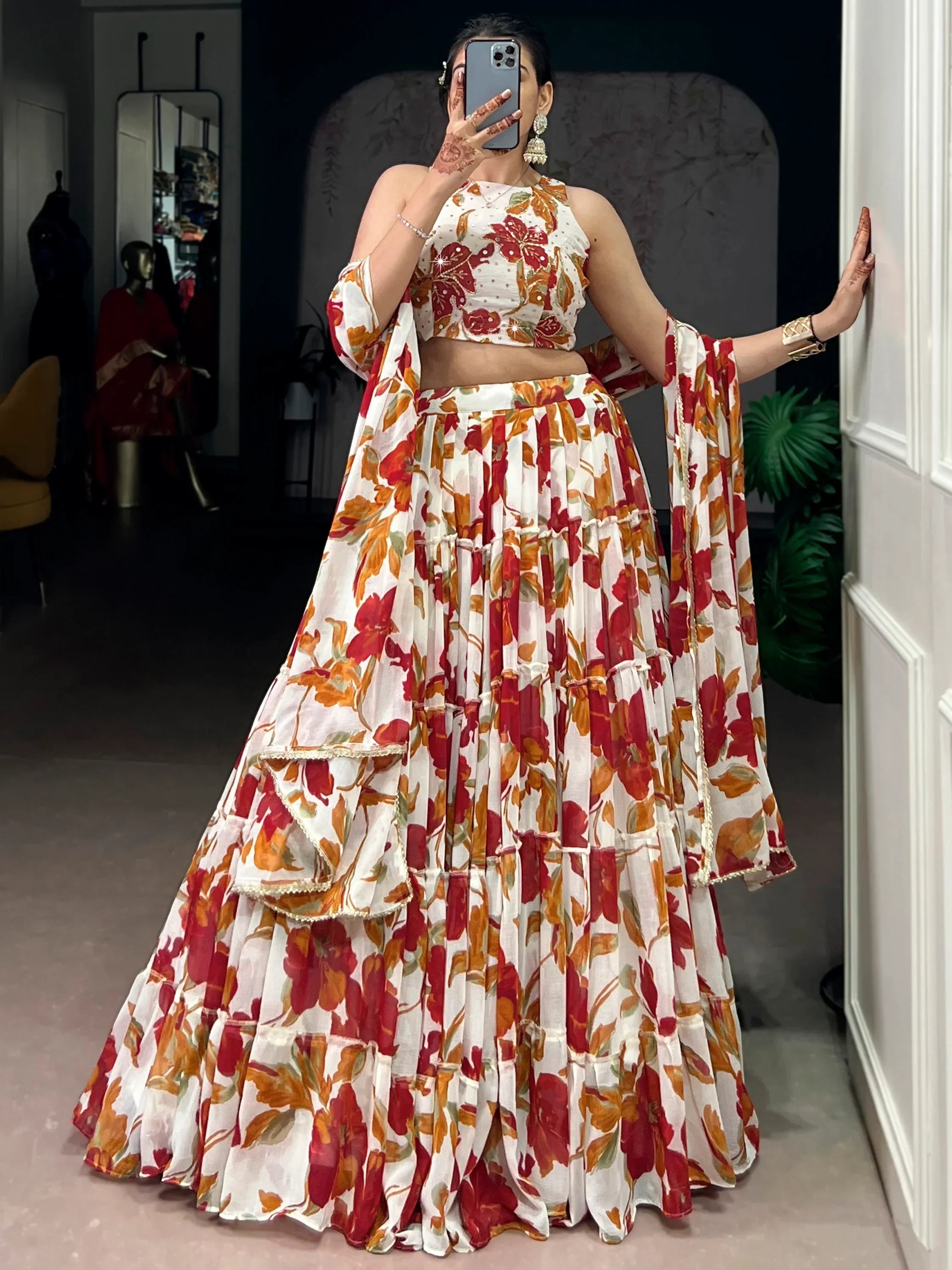 Off White Amazing Floral Printed Georgette Function Wear Lehenga Choli