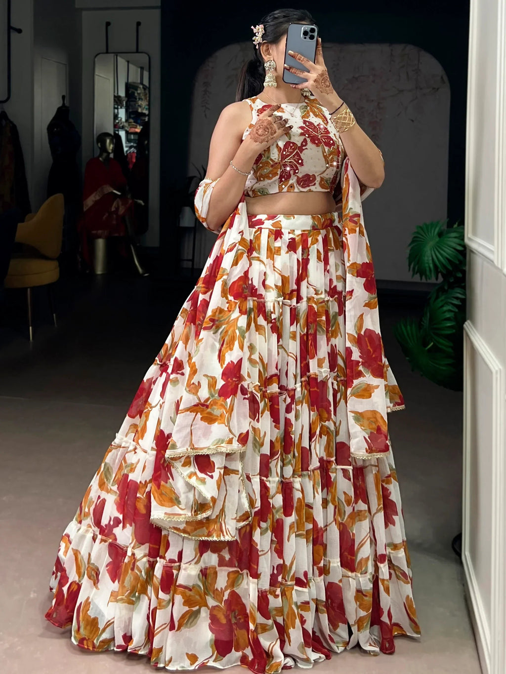Off White Amazing Floral Printed Georgette Function Wear Lehenga Choli