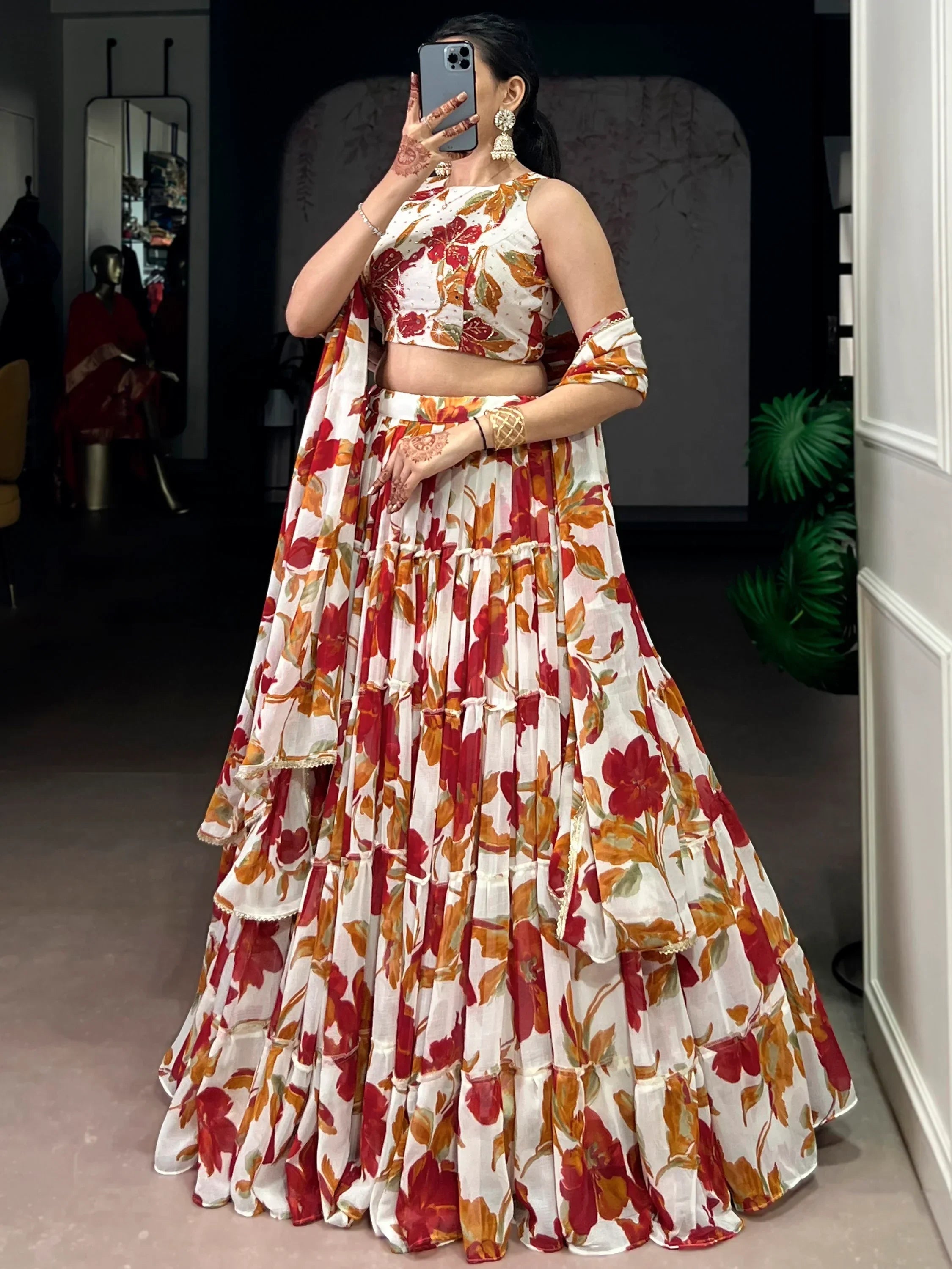 Off White Amazing Floral Printed Georgette Function Wear Lehenga Choli