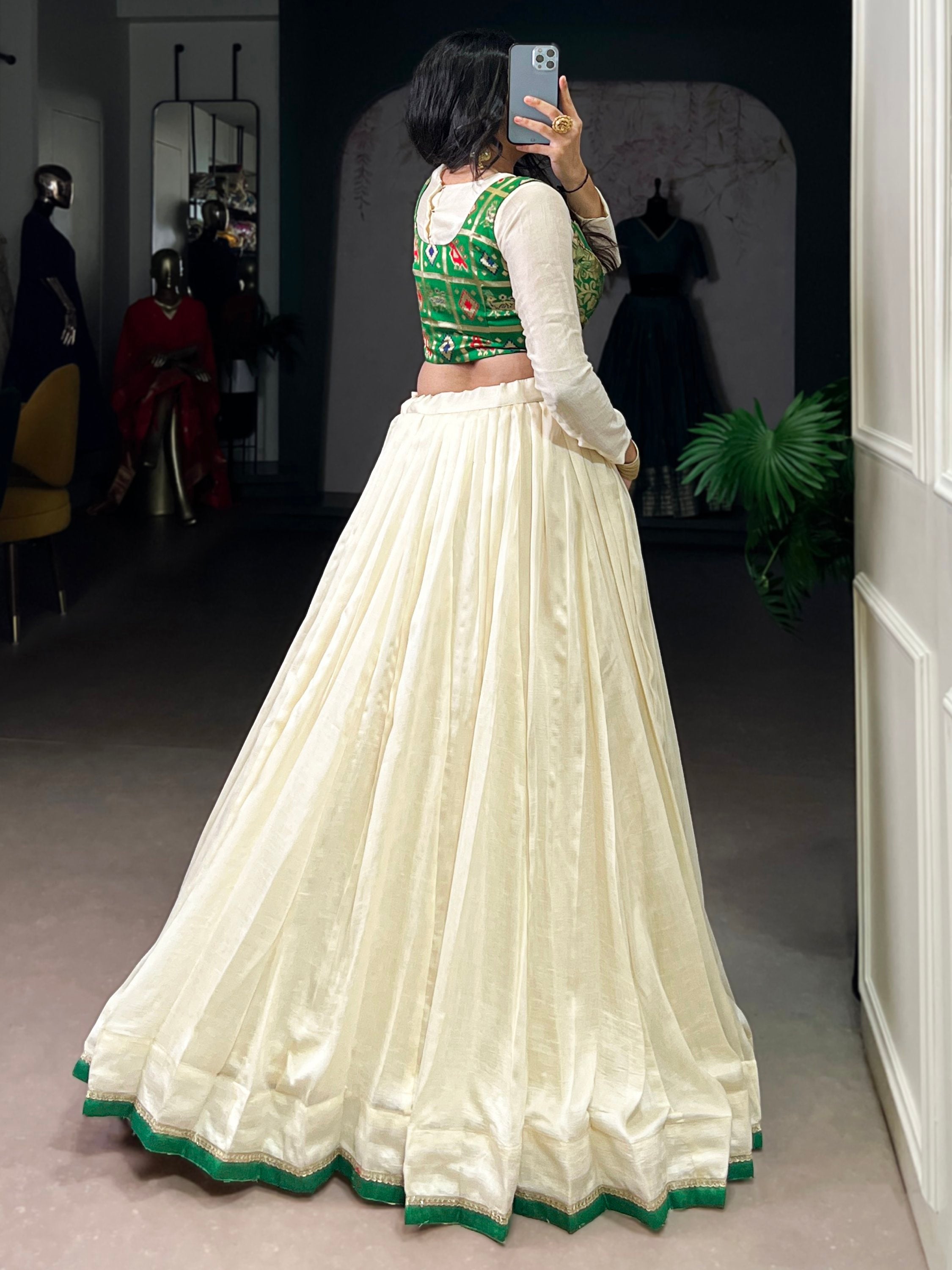 Regal Off-White Lace Work Silk Festive Wear Crop Top Lehenga With Koti