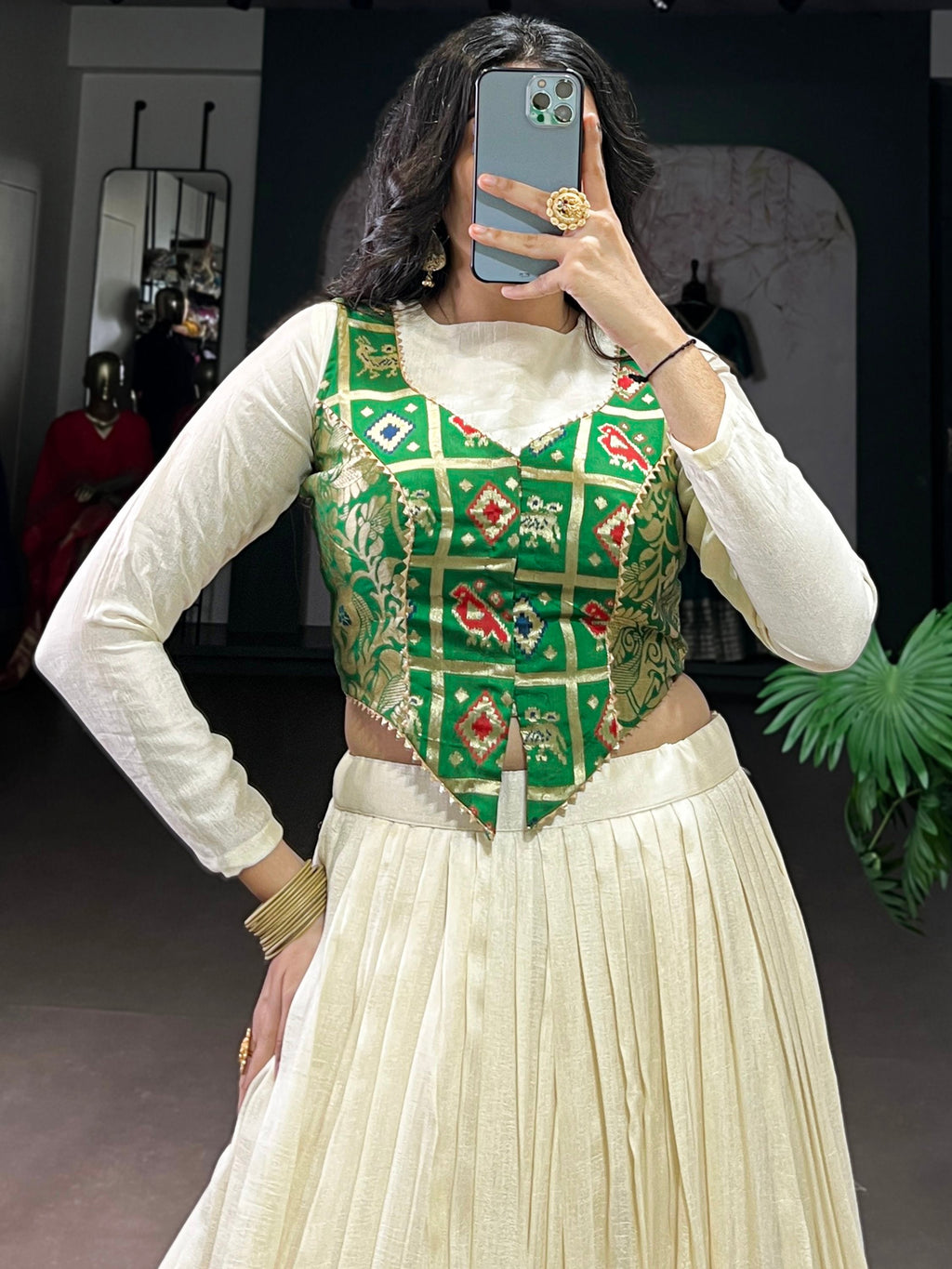 Regal Off-White Lace Work Silk Festive Wear Crop Top Lehenga With Koti