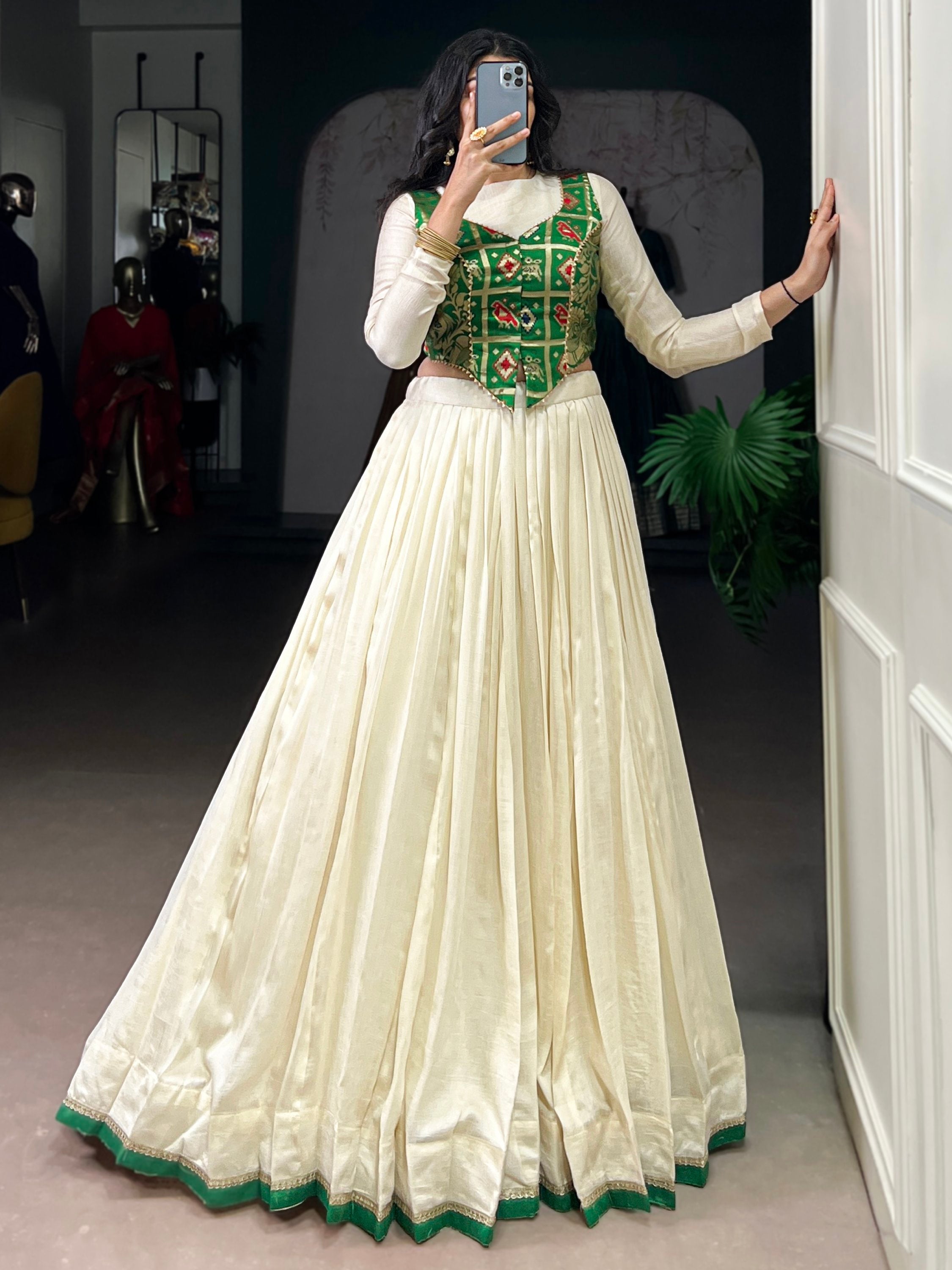 Regal Off-White Lace Work Silk Festive Wear Crop Top Lehenga With Koti