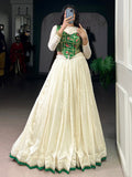 Regal Off-White Lace Work Silk Festive Wear Crop Top Lehenga With Koti