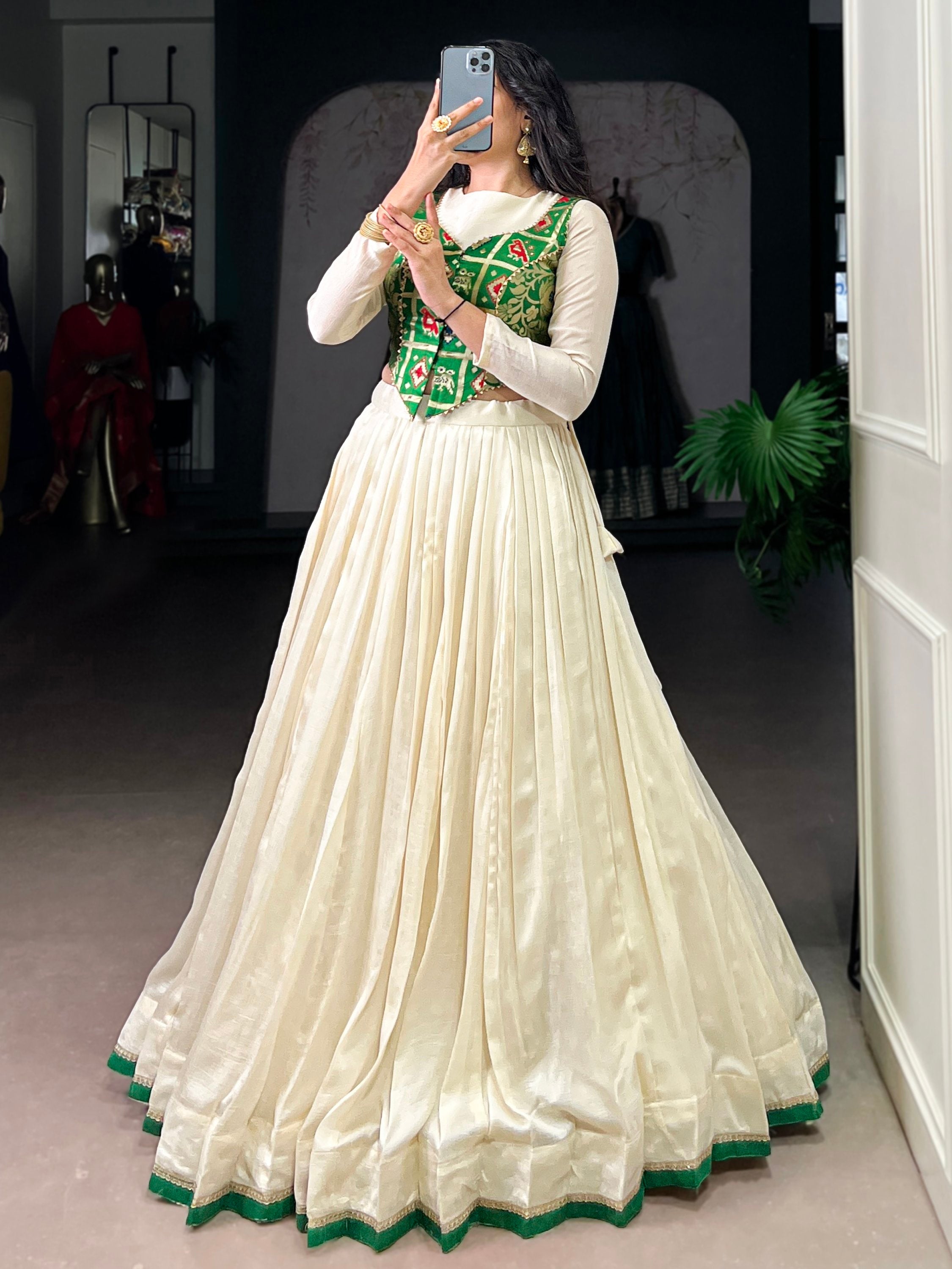 Regal Off-White Lace Work Silk Festive Wear Crop Top Lehenga With Koti