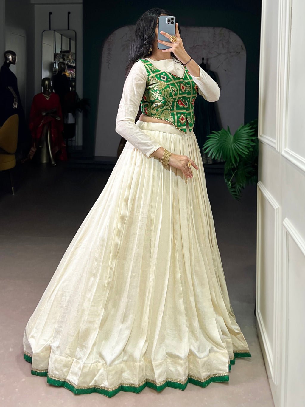 Regal Off-White Lace Work Silk Festive Wear Crop Top Lehenga With Koti