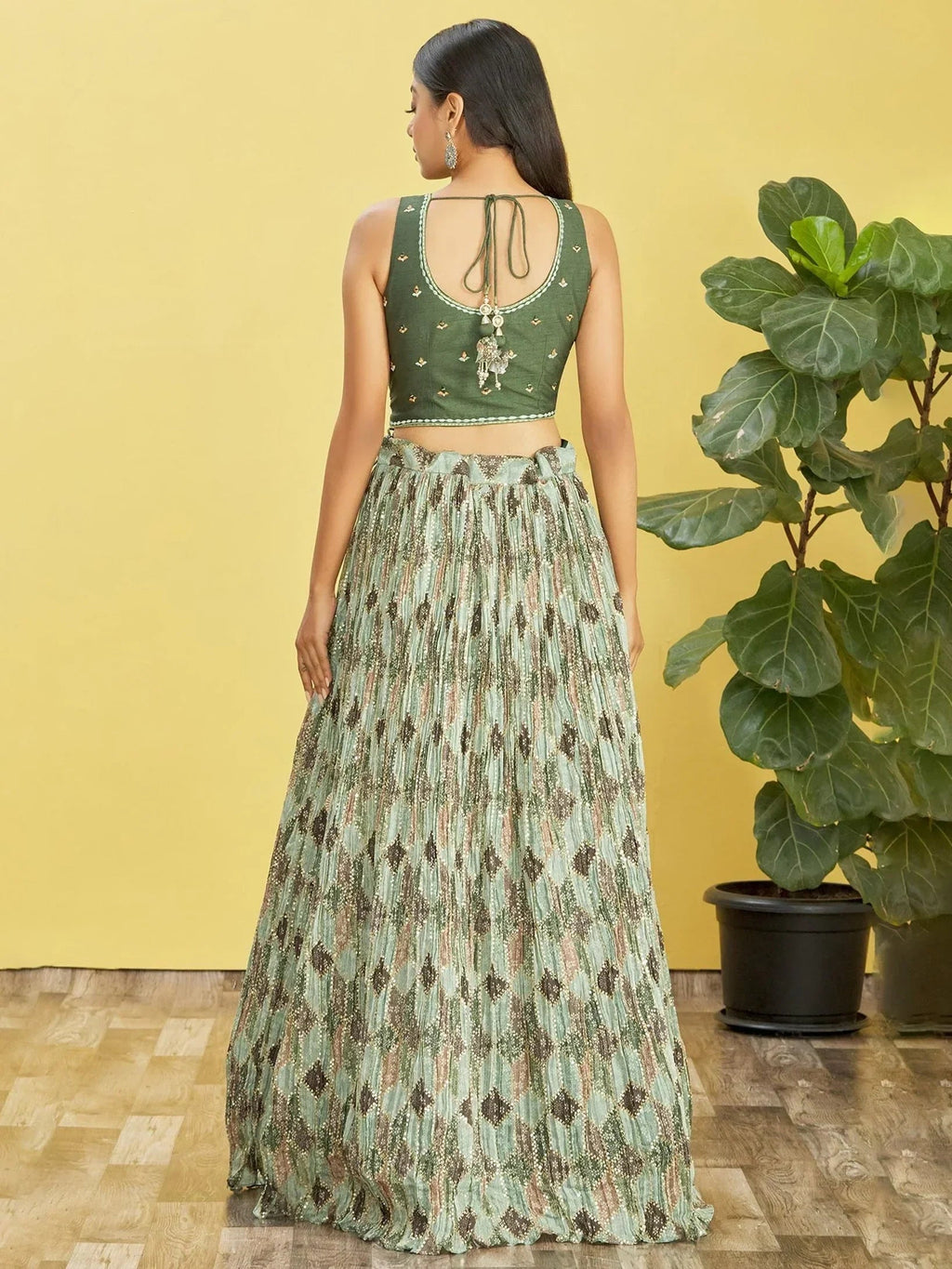 Attractive Green Embroidered Chinon Mehendi Wear Lehenga Choli