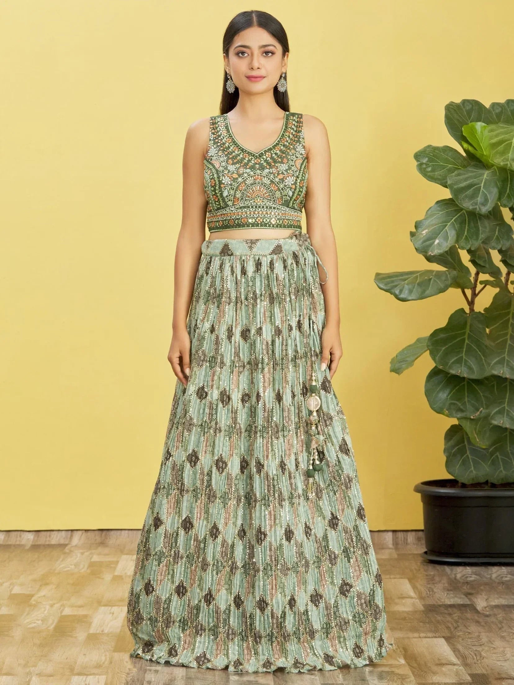 Attractive Green Embroidered Chinon Mehendi Wear Lehenga Choli